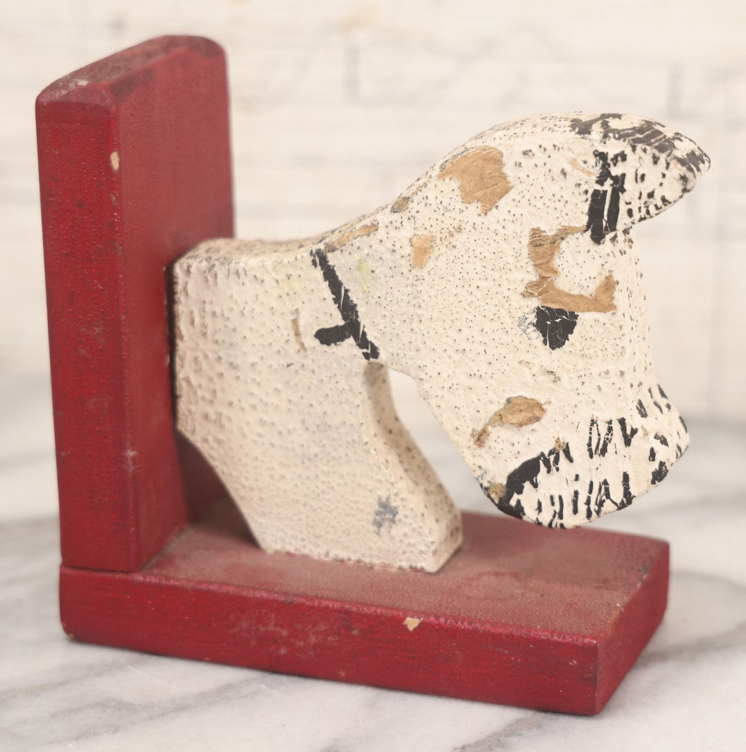 Lot 026 - Single Antique Folk Art Hand-Cut & Hand-Painted Wooden Dog Bookend, Red & White Paint, Original Surface