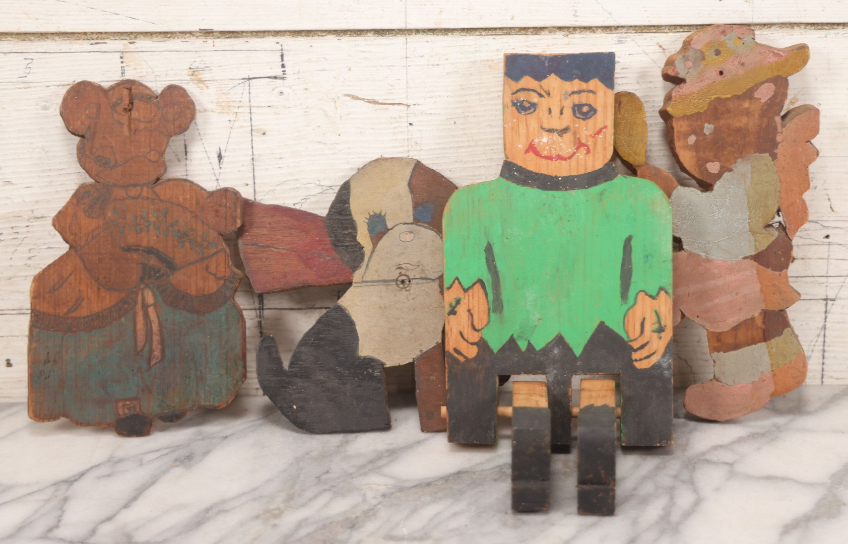 Lot 027 - Grouping Of Four Vintage & Antique Folk Art Wood-Cut Toys, Including Jointed Frankenstein Figure, Dog With Bow, Minnie Mouse & Bear Looking In Mirror