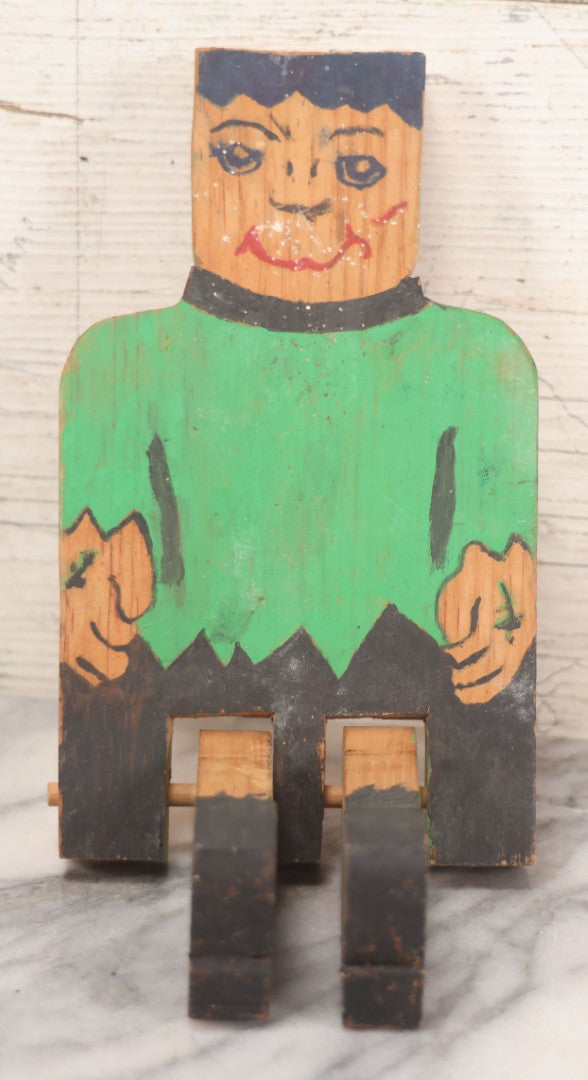 Lot 027 - Grouping Of Four Vintage & Antique Folk Art Wood-Cut Toys, Including Jointed Frankenstein Figure, Dog With Bow, Minnie Mouse & Bear Looking In Mirror