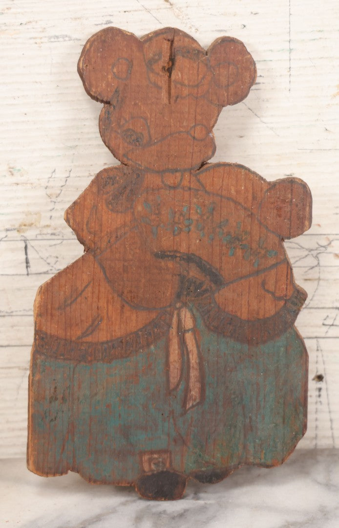 Lot 027 - Grouping Of Four Vintage & Antique Folk Art Wood-Cut Toys, Including Jointed Frankenstein Figure, Dog With Bow, Minnie Mouse & Bear Looking In Mirror