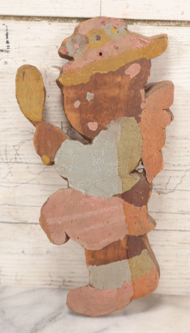 Lot 027 - Grouping Of Four Vintage & Antique Folk Art Wood-Cut Toys, Including Jointed Frankenstein Figure, Dog With Bow, Minnie Mouse & Bear Looking In Mirror