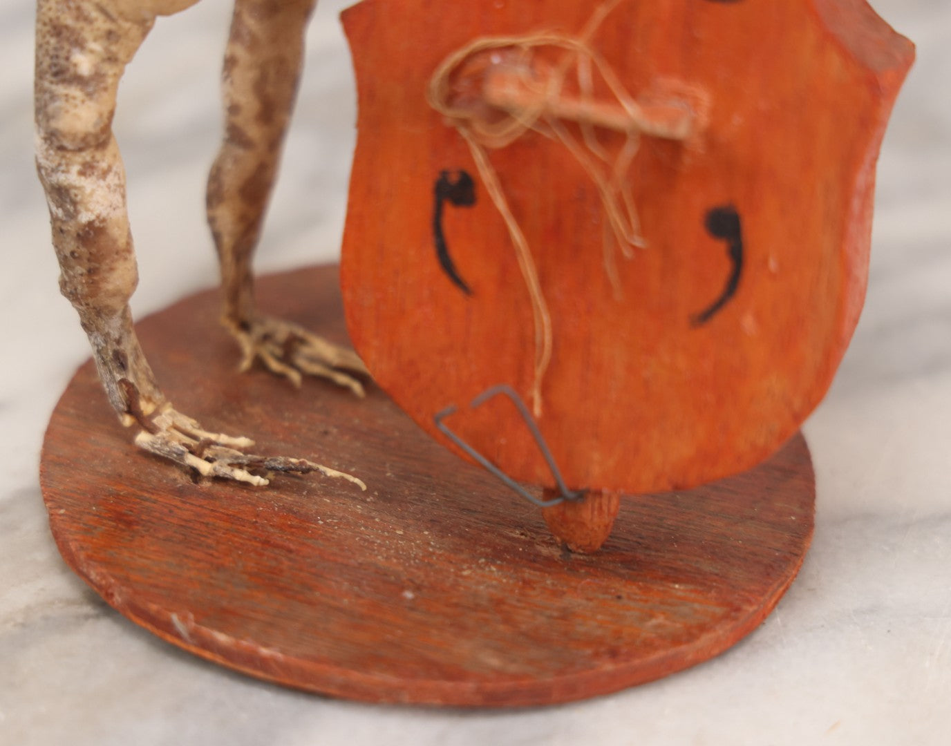 Lot 029 - Vintage Folk Art Taxidermy Frog Playing Cello, Missing Strings, Face Worn, 8-3/4" H