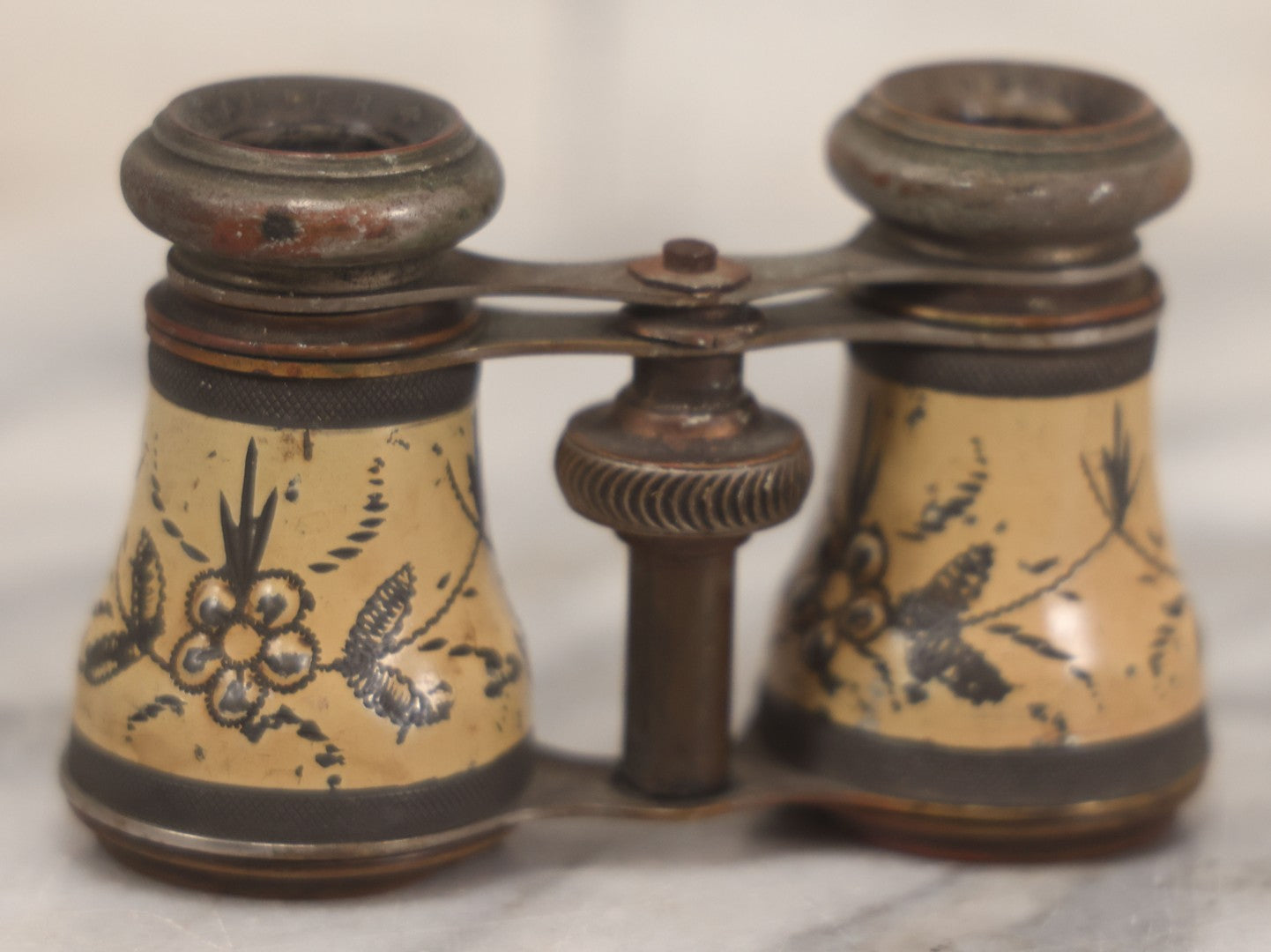 Lot 036 - Antique Pressed Metal Opera Glasses With White Enamel Floral Decoration, Manufactured By Chevalier, Paris