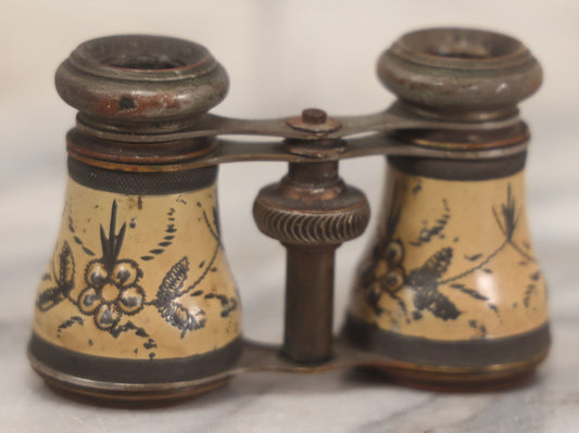 Lot 036 - Antique Pressed Metal Opera Glasses With White Enamel Floral Decoration, Manufactured By Chevalier, Paris