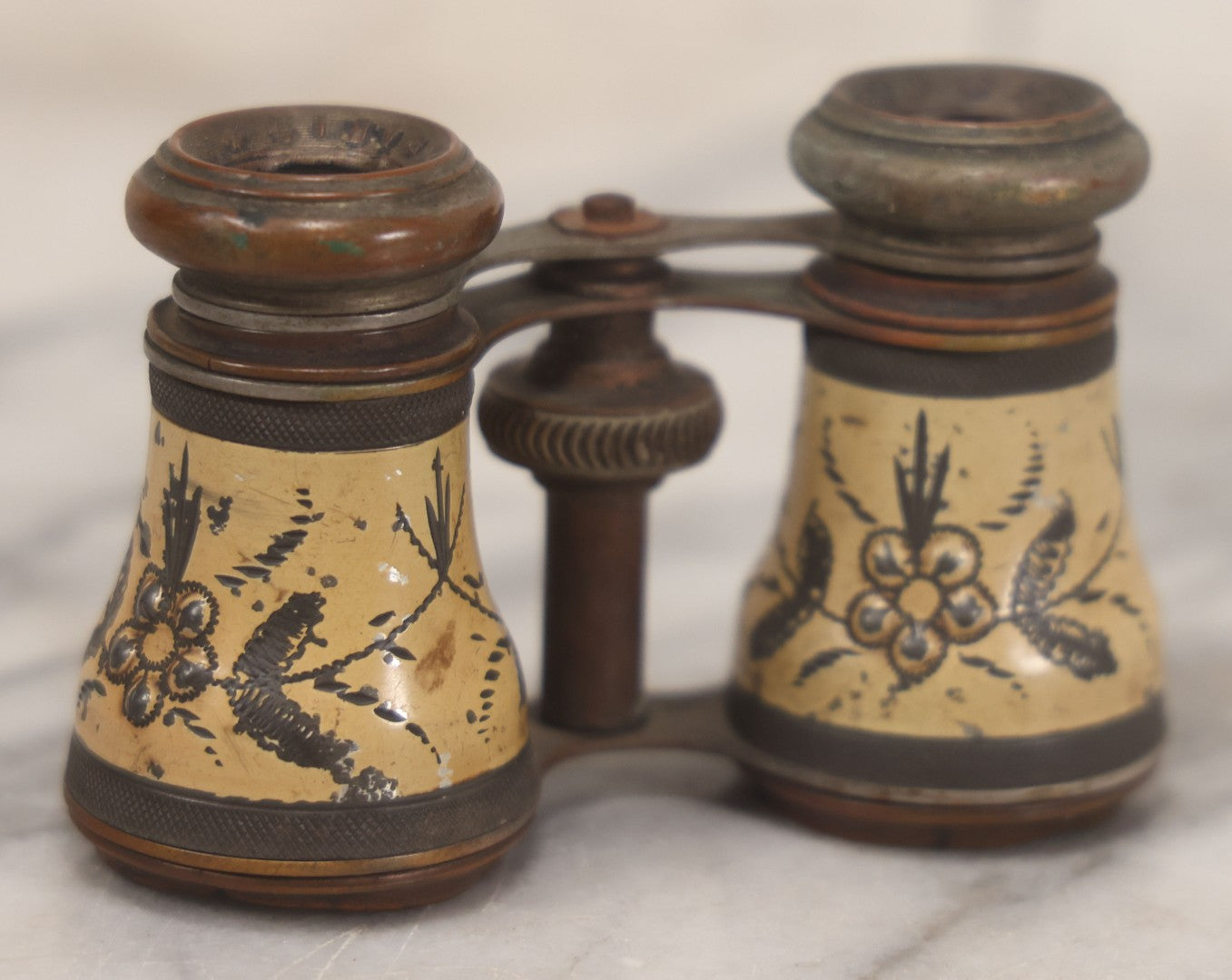 Lot 036 - Antique Pressed Metal Opera Glasses With White Enamel Floral Decoration, Manufactured By Chevalier, Paris