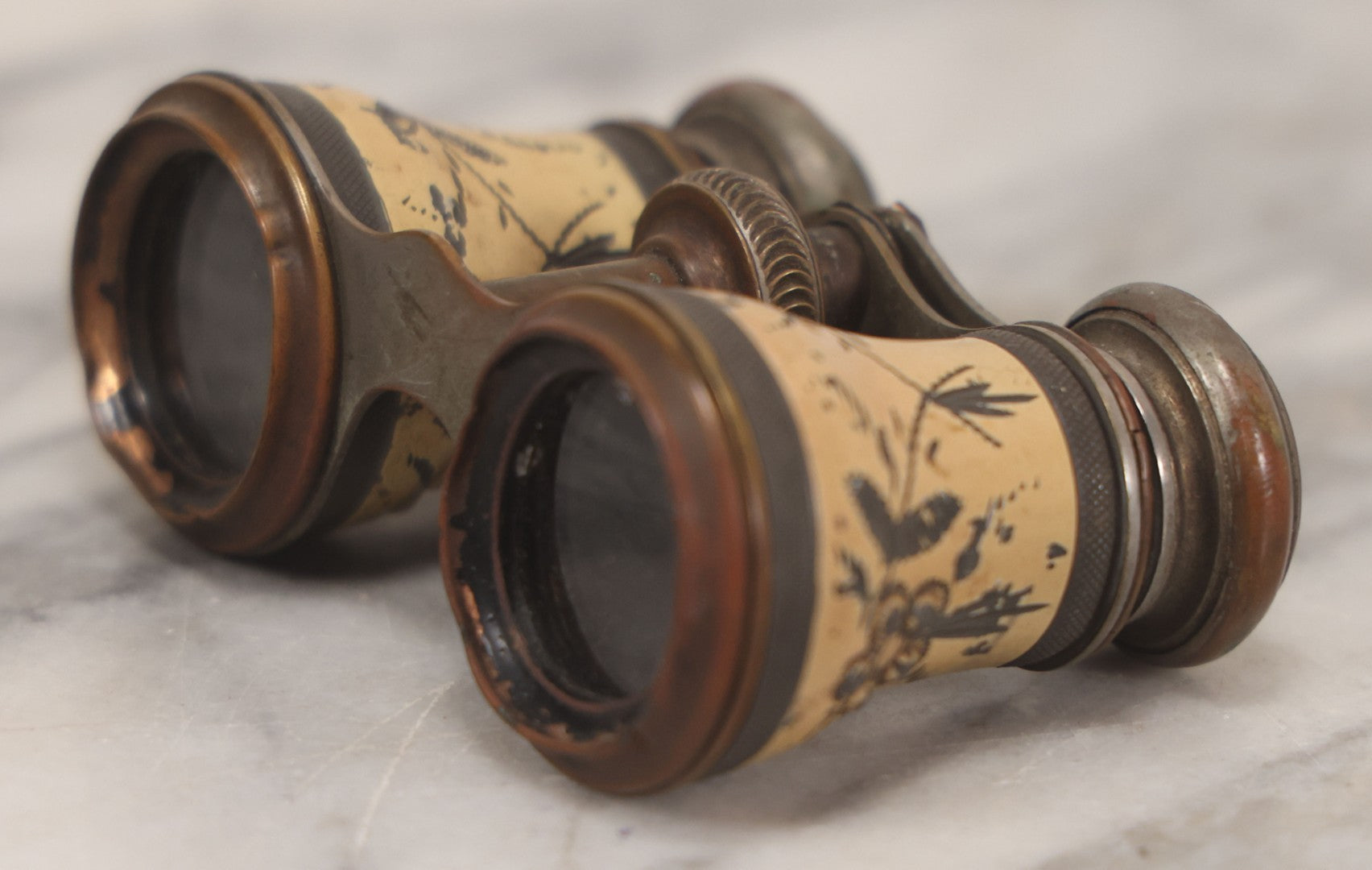 Lot 036 - Antique Pressed Metal Opera Glasses With White Enamel Floral Decoration, Manufactured By Chevalier, Paris