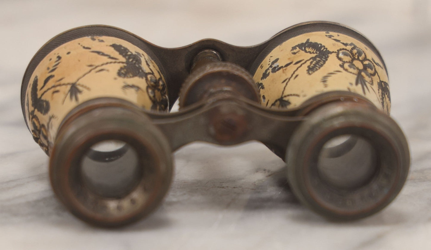 Lot 036 - Antique Pressed Metal Opera Glasses With White Enamel Floral Decoration, Manufactured By Chevalier, Paris