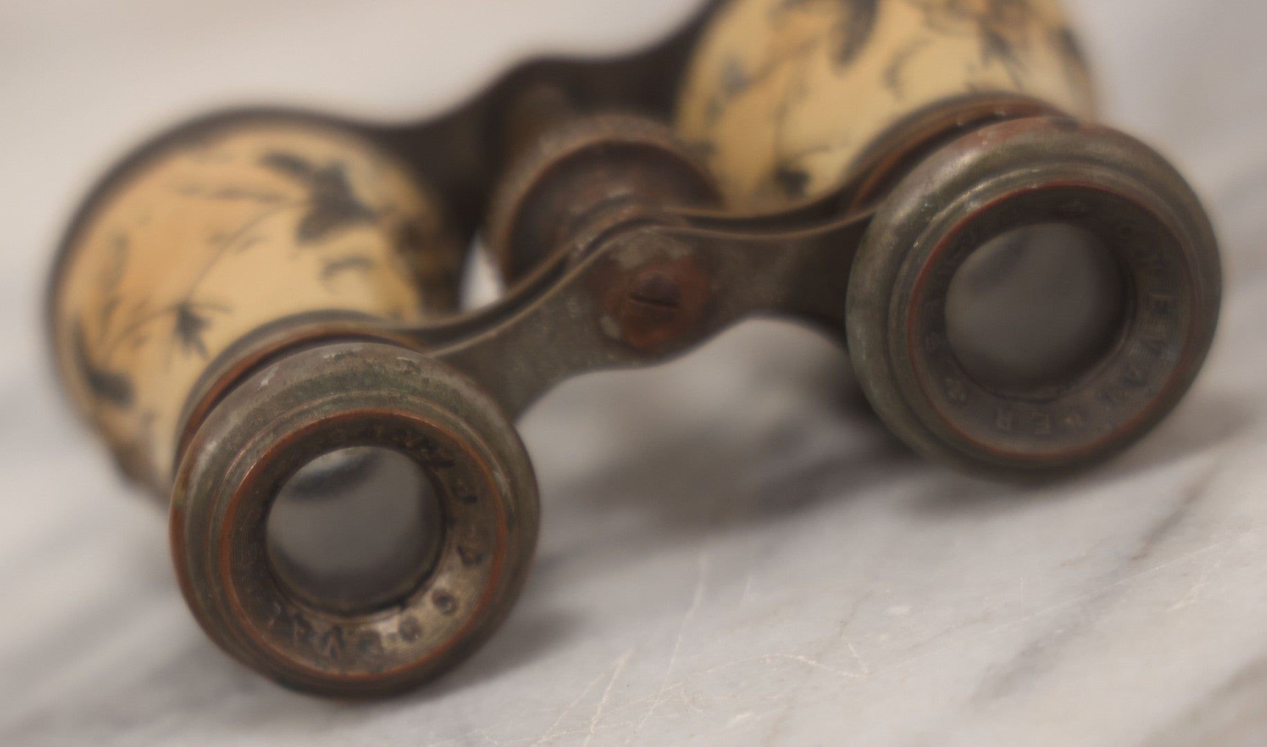 Lot 036 - Antique Pressed Metal Opera Glasses With White Enamel Floral Decoration, Manufactured By Chevalier, Paris