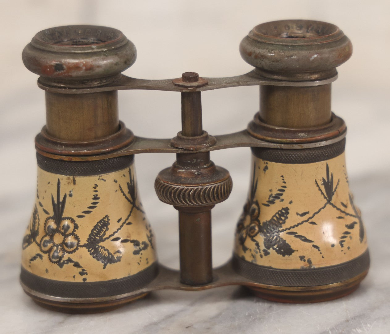Lot 036 - Antique Pressed Metal Opera Glasses With White Enamel Floral Decoration, Manufactured By Chevalier, Paris