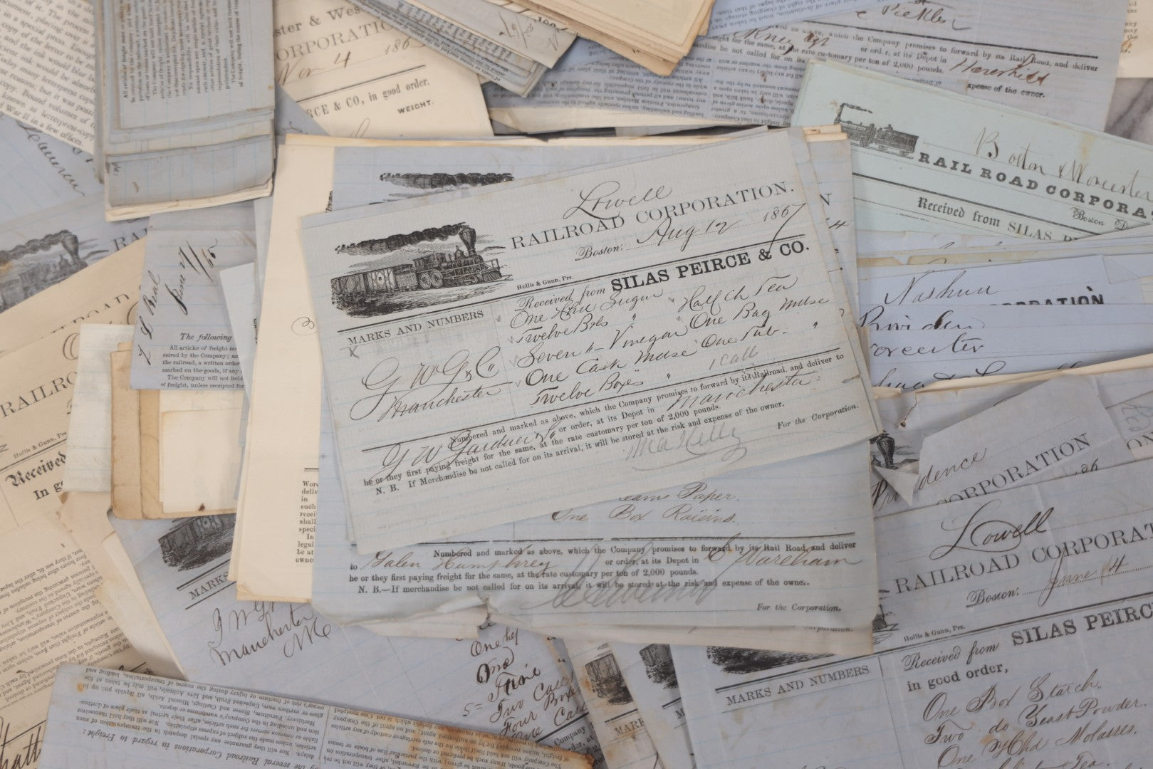 Lot 042 - Extensive Discovery Lot Of 100+ Antique Railroad Receipts & Waybills On Silas Pierce & Co. Printed Letterhead, Mostly New England Railroads Including Boston & Worcester & Western Railroad Corp., 1850s–1870s
