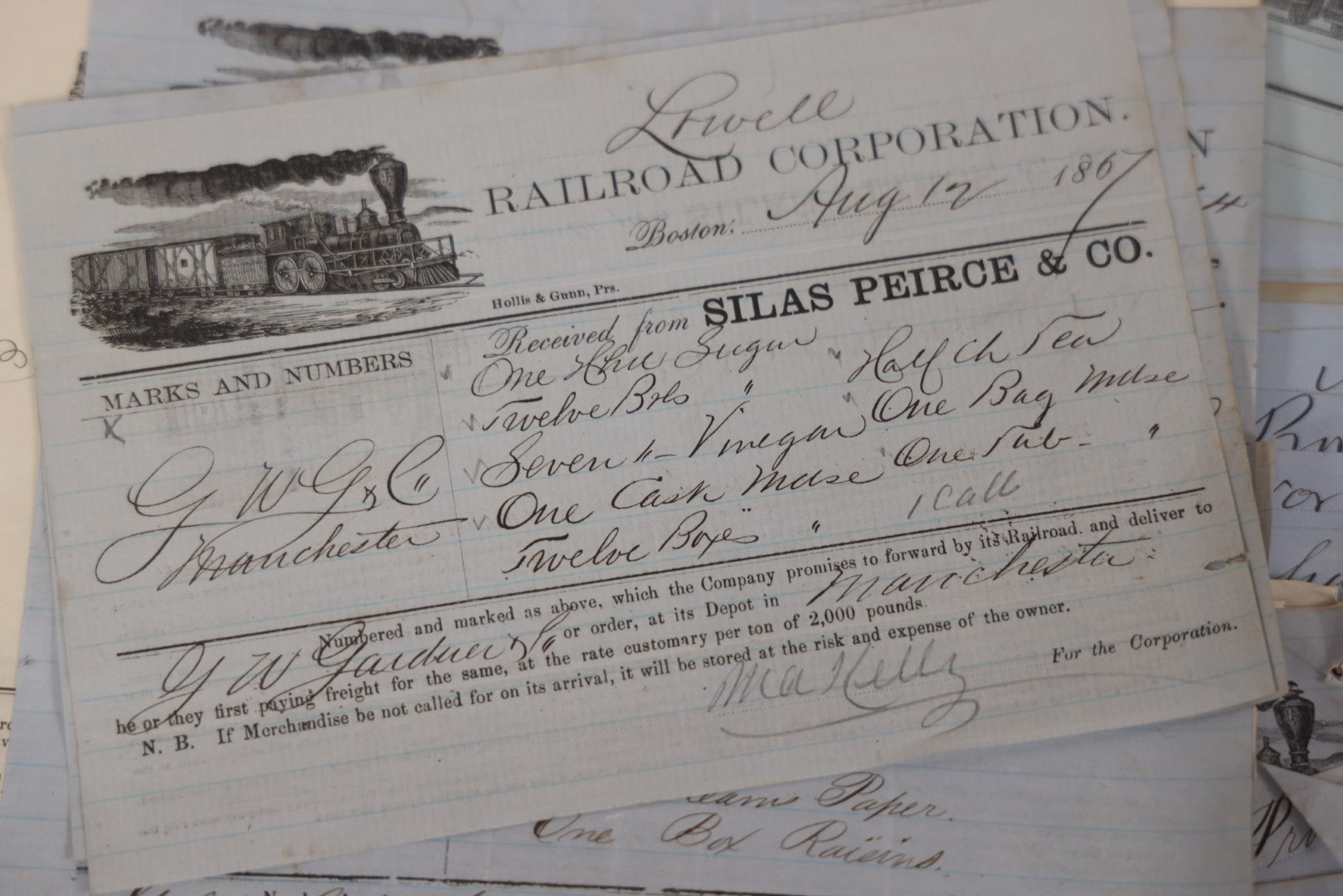 Lot 042 - Extensive Discovery Lot Of 100+ Antique Railroad Receipts & Waybills On Silas Pierce & Co. Printed Letterhead, Mostly New England Railroads Including Boston & Worcester & Western Railroad Corp., 1850s–1870s