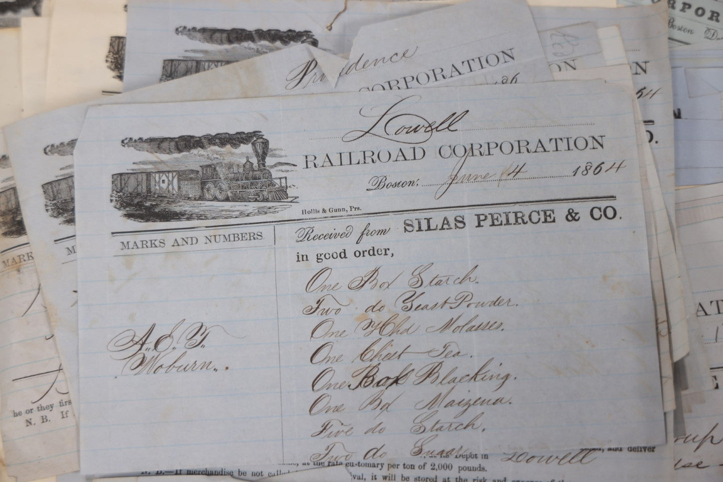 Lot 042 - Extensive Discovery Lot Of 100+ Antique Railroad Receipts & Waybills On Silas Pierce & Co. Printed Letterhead, Mostly New England Railroads Including Boston & Worcester & Western Railroad Corp., 1850s–1870s