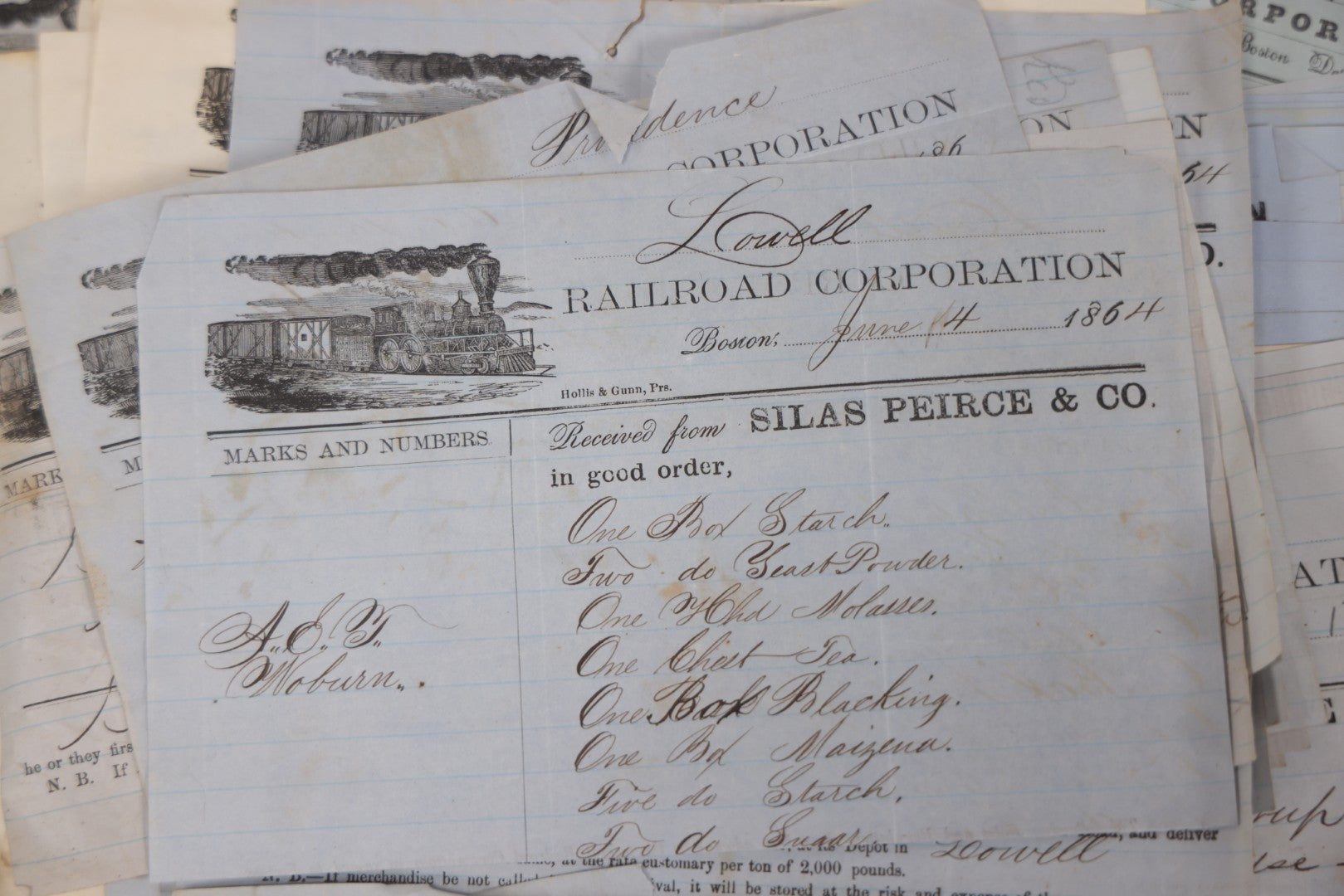 Lot 042 - Extensive Discovery Lot Of 100+ Antique Railroad Receipts & Waybills On Silas Pierce & Co. Printed Letterhead, Mostly New England Railroads Including Boston & Worcester & Western Railroad Corp., 1850s–1870s