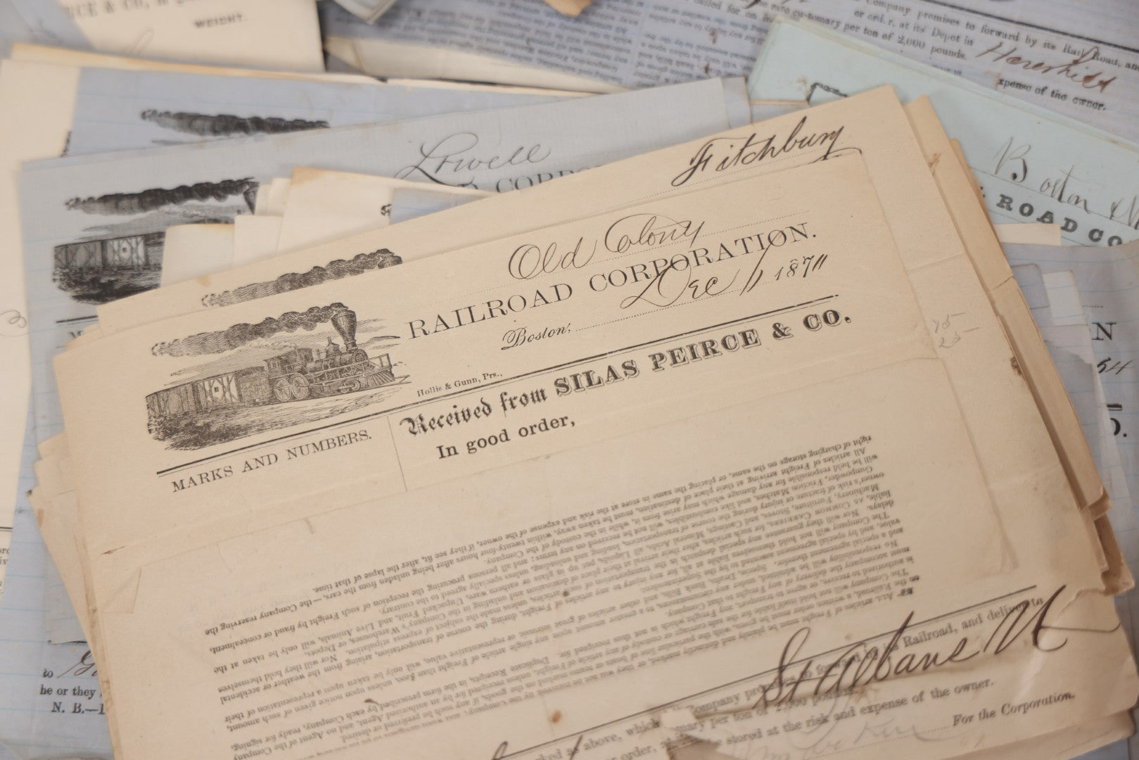 Lot 042 - Extensive Discovery Lot Of 100+ Antique Railroad Receipts & Waybills On Silas Pierce & Co. Printed Letterhead, Mostly New England Railroads Including Boston & Worcester & Western Railroad Corp., 1850s–1870s