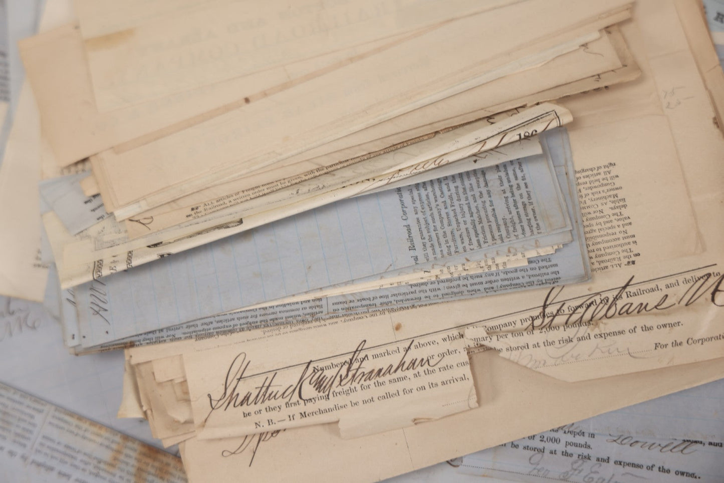 Lot 042 - Extensive Discovery Lot Of 100+ Antique Railroad Receipts & Waybills On Silas Pierce & Co. Printed Letterhead, Mostly New England Railroads Including Boston & Worcester & Western Railroad Corp., 1850s–1870s