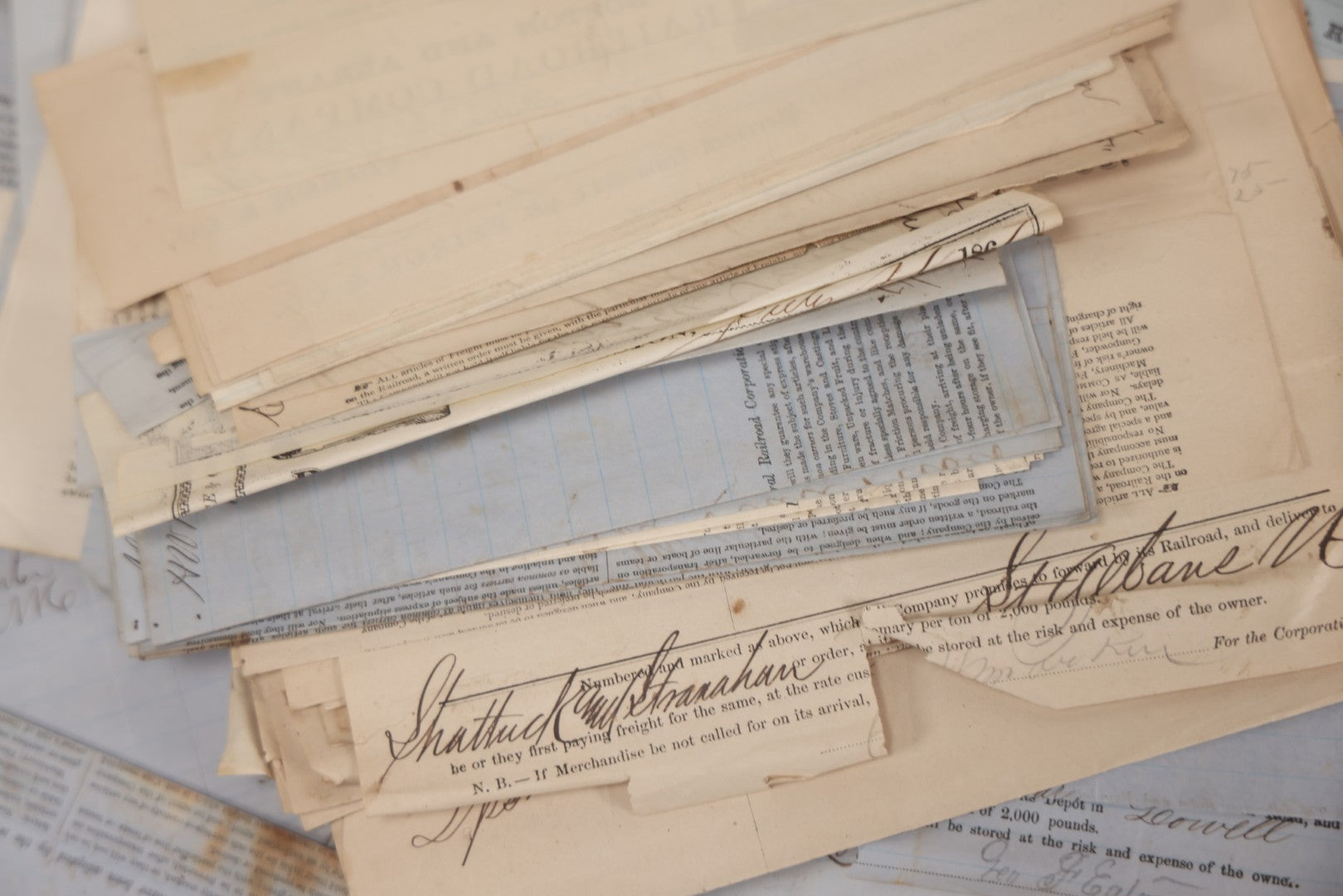 Lot 042 - Extensive Discovery Lot Of 100+ Antique Railroad Receipts & Waybills On Silas Pierce & Co. Printed Letterhead, Mostly New England Railroads Including Boston & Worcester & Western Railroad Corp., 1850s–1870s