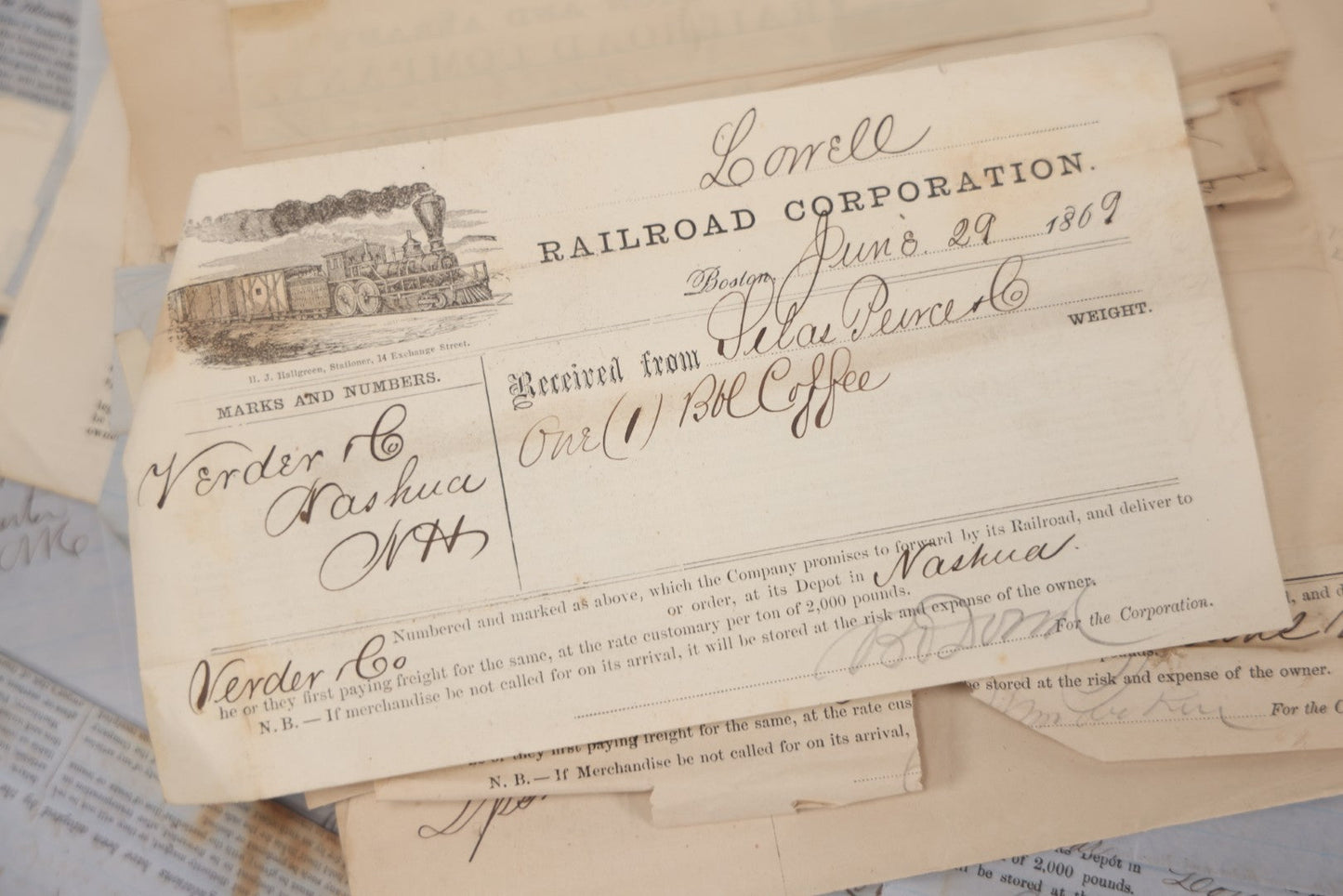 Lot 042 - Extensive Discovery Lot Of 100+ Antique Railroad Receipts & Waybills On Silas Pierce & Co. Printed Letterhead, Mostly New England Railroads Including Boston & Worcester & Western Railroad Corp., 1850s–1870s