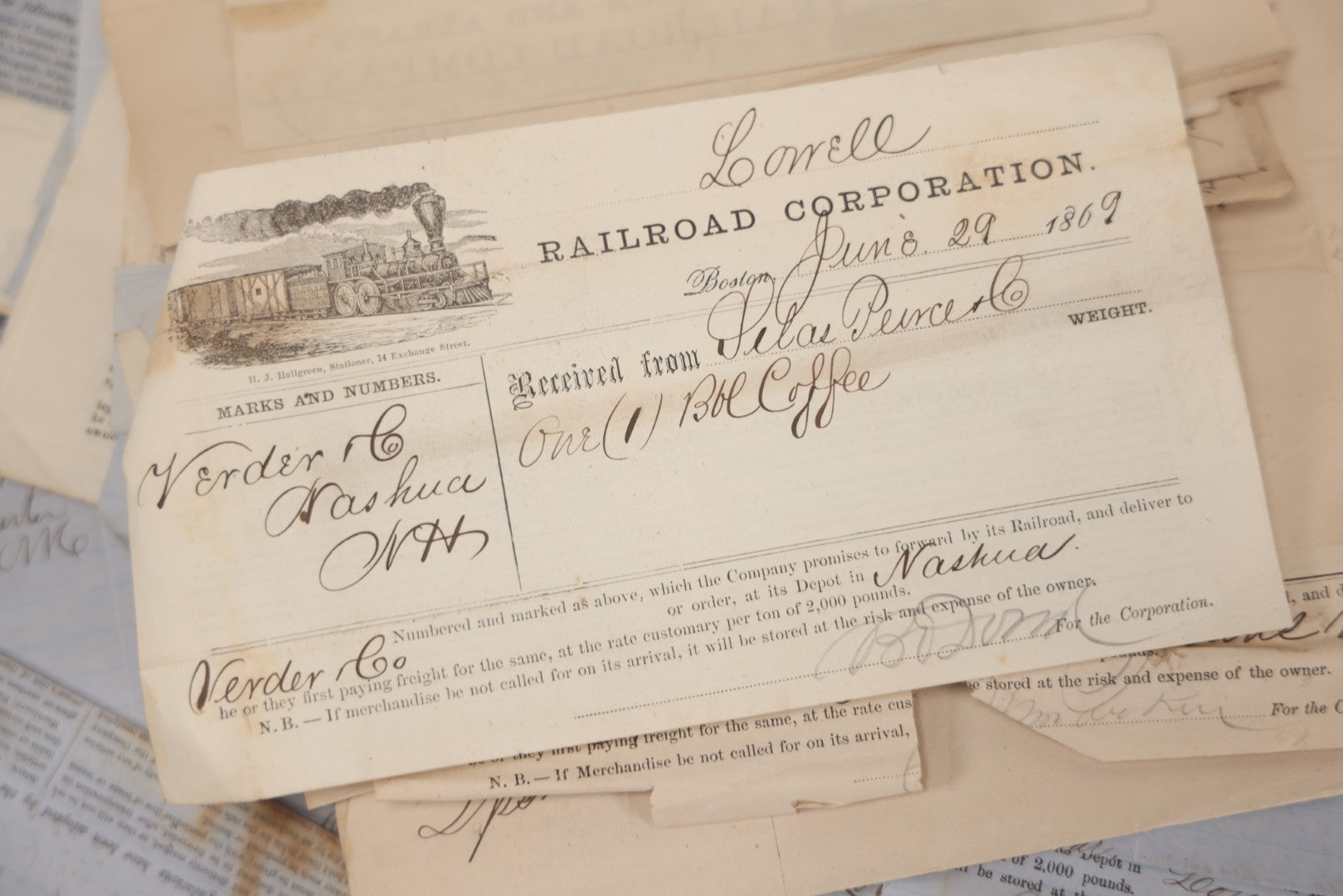 Lot 042 - Extensive Discovery Lot Of 100+ Antique Railroad Receipts & Waybills On Silas Pierce & Co. Printed Letterhead, Mostly New England Railroads Including Boston & Worcester & Western Railroad Corp., 1850s–1870s