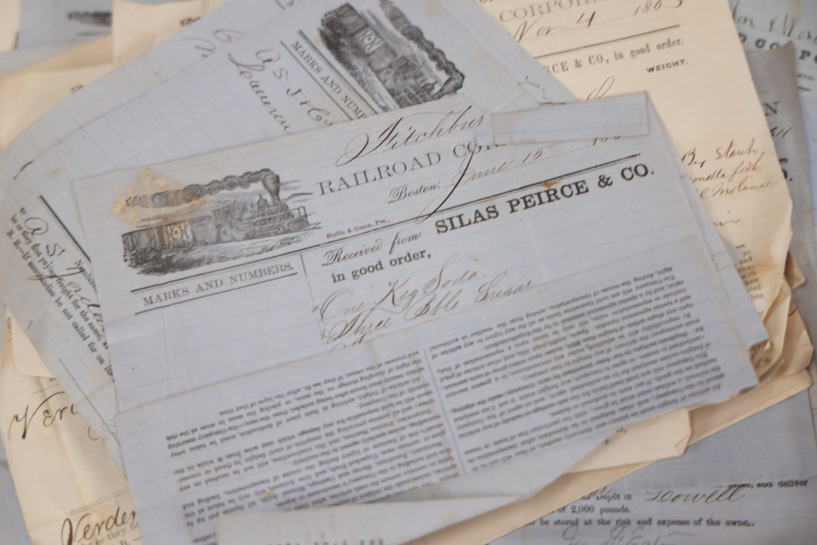 Lot 042 - Extensive Discovery Lot Of 100+ Antique Railroad Receipts & Waybills On Silas Pierce & Co. Printed Letterhead, Mostly New England Railroads Including Boston & Worcester & Western Railroad Corp., 1850s–1870s