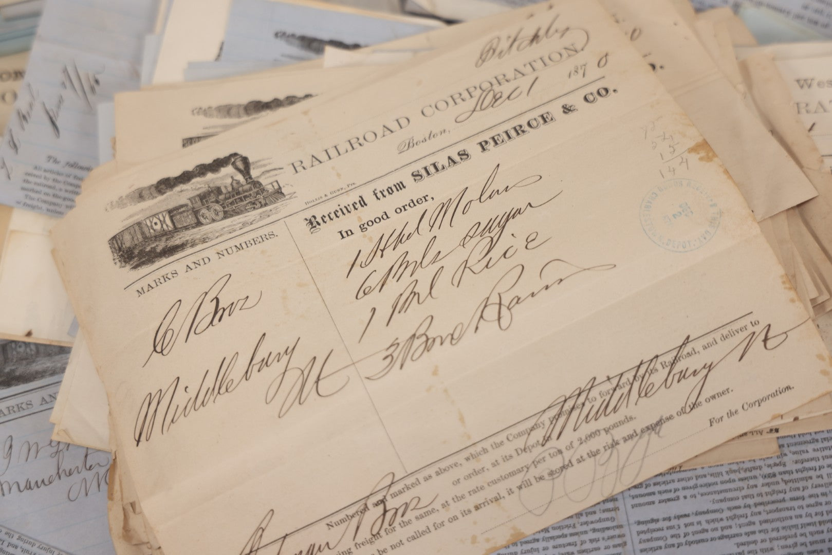 Lot 042 - Extensive Discovery Lot Of 100+ Antique Railroad Receipts & Waybills On Silas Pierce & Co. Printed Letterhead, Mostly New England Railroads Including Boston & Worcester & Western Railroad Corp., 1850s–1870s