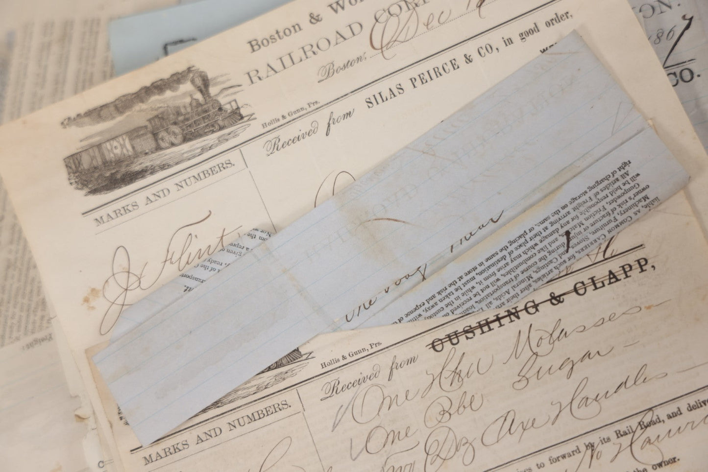 Lot 042 - Extensive Discovery Lot Of 100+ Antique Railroad Receipts & Waybills On Silas Pierce & Co. Printed Letterhead, Mostly New England Railroads Including Boston & Worcester & Western Railroad Corp., 1850s–1870s