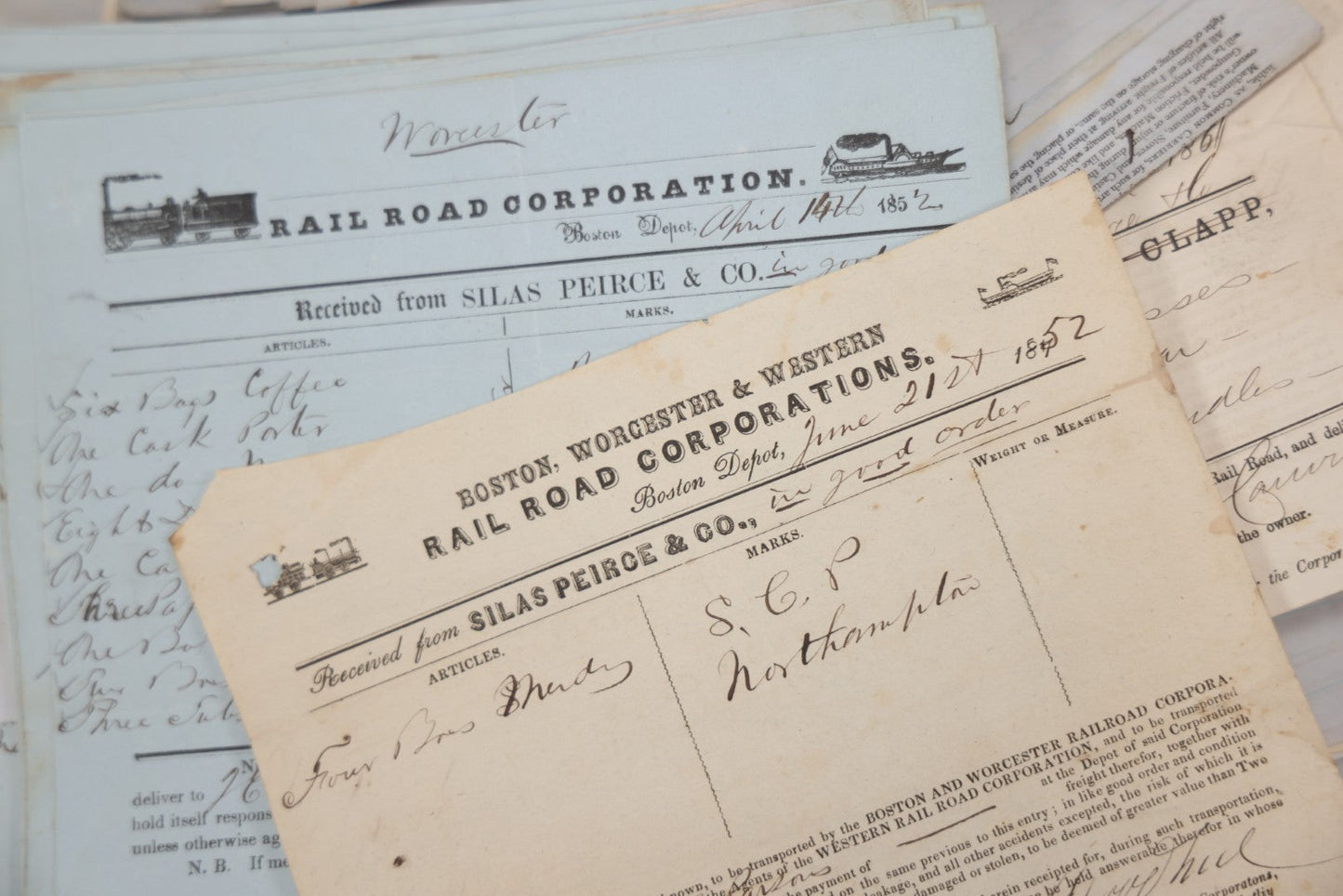 Lot 042 - Extensive Discovery Lot Of 100+ Antique Railroad Receipts & Waybills On Silas Pierce & Co. Printed Letterhead, Mostly New England Railroads Including Boston & Worcester & Western Railroad Corp., 1850s–1870s