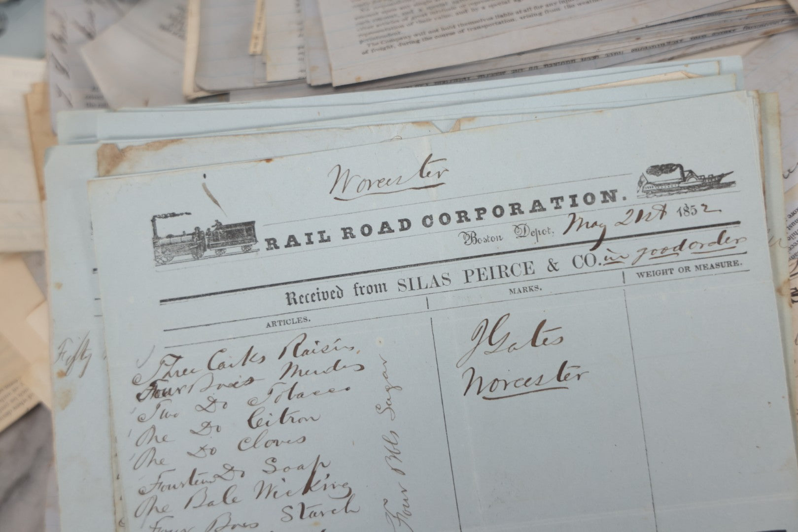 Lot 042 - Extensive Discovery Lot Of 100+ Antique Railroad Receipts & Waybills On Silas Pierce & Co. Printed Letterhead, Mostly New England Railroads Including Boston & Worcester & Western Railroad Corp., 1850s–1870s