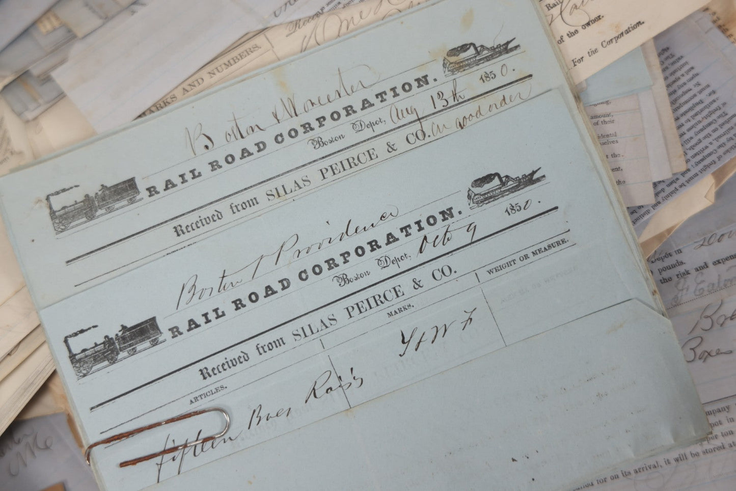 Lot 042 - Extensive Discovery Lot Of 100+ Antique Railroad Receipts & Waybills On Silas Pierce & Co. Printed Letterhead, Mostly New England Railroads Including Boston & Worcester & Western Railroad Corp., 1850s–1870s
