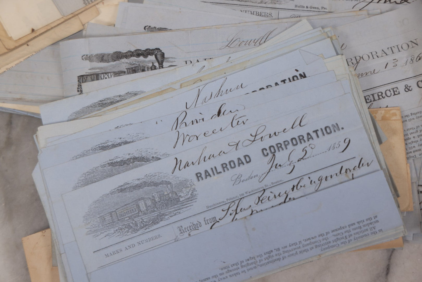 Lot 042 - Extensive Discovery Lot Of 100+ Antique Railroad Receipts & Waybills On Silas Pierce & Co. Printed Letterhead, Mostly New England Railroads Including Boston & Worcester & Western Railroad Corp., 1850s–1870s