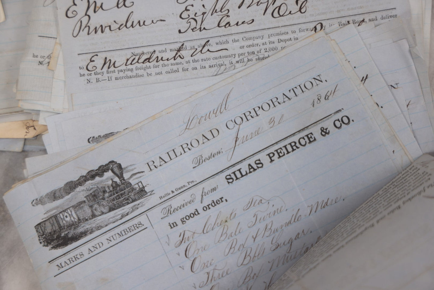 Lot 042 - Extensive Discovery Lot Of 100+ Antique Railroad Receipts & Waybills On Silas Pierce & Co. Printed Letterhead, Mostly New England Railroads Including Boston & Worcester & Western Railroad Corp., 1850s–1870s