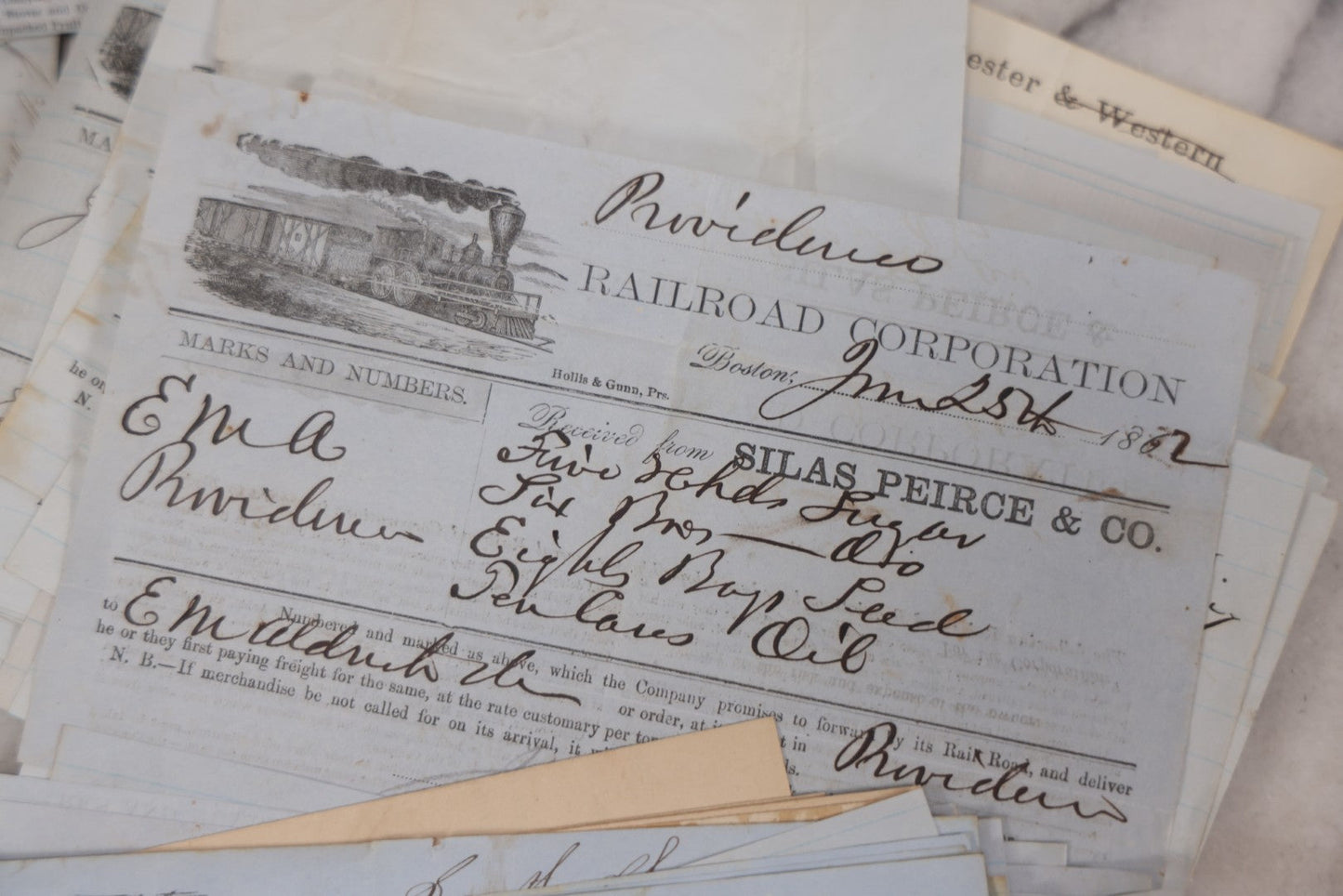 Lot 042 - Extensive Discovery Lot Of 100+ Antique Railroad Receipts & Waybills On Silas Pierce & Co. Printed Letterhead, Mostly New England Railroads Including Boston & Worcester & Western Railroad Corp., 1850s–1870s