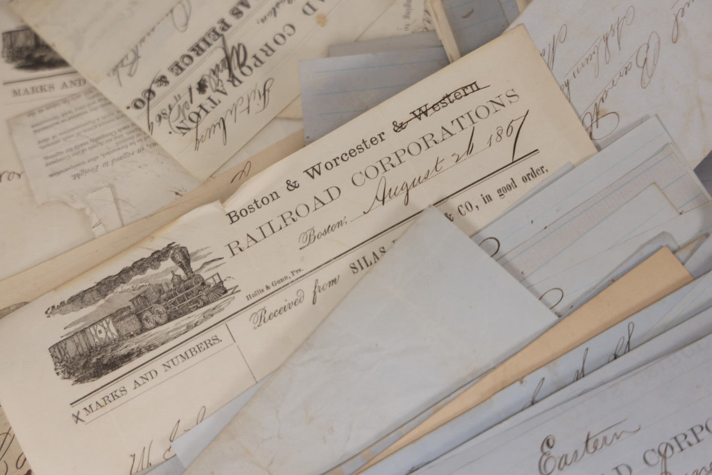 Lot 042 - Extensive Discovery Lot Of 100+ Antique Railroad Receipts & Waybills On Silas Pierce & Co. Printed Letterhead, Mostly New England Railroads Including Boston & Worcester & Western Railroad Corp., 1850s–1870s