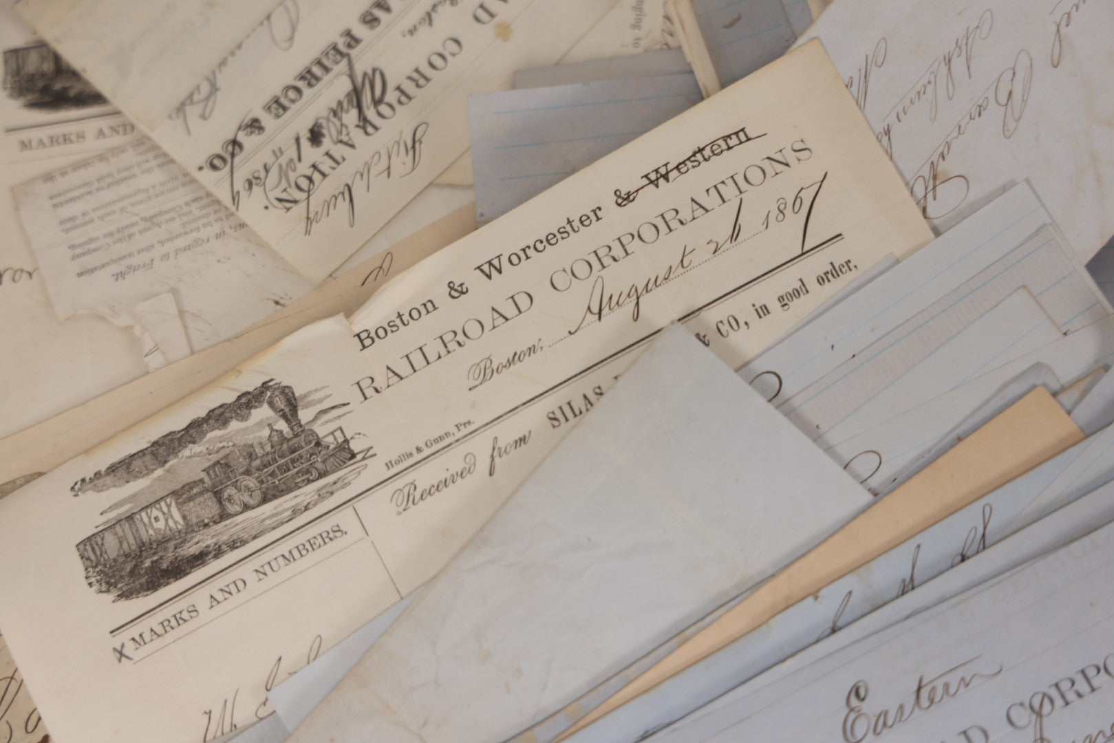 Lot 042 - Extensive Discovery Lot Of 100+ Antique Railroad Receipts & Waybills On Silas Pierce & Co. Printed Letterhead, Mostly New England Railroads Including Boston & Worcester & Western Railroad Corp., 1850s–1870s