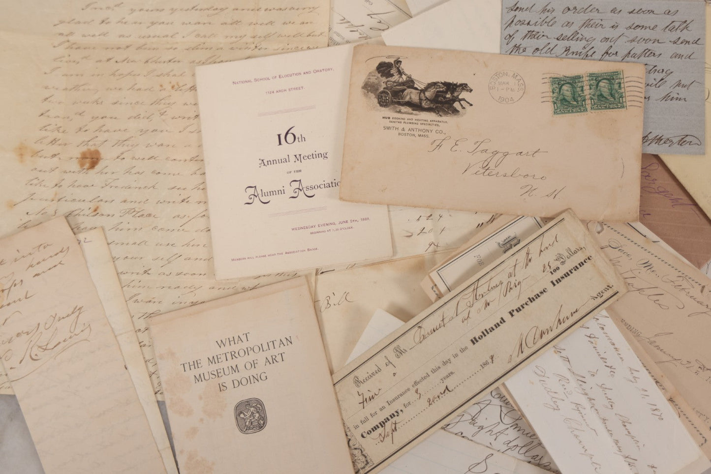 Lot 043 - Discovery Grouping Of 25+ Pieces Of Antique Handwritten Ephemera, Including Letters, Checks & Billheads, With 1846 Letter To Son, Alumni Meeting Program & Nonotuck Silk Co. Billhead
