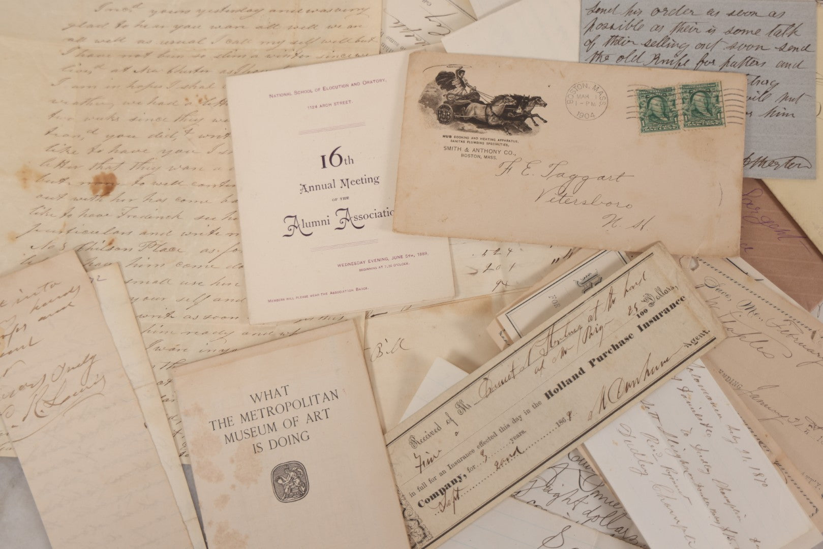 Lot 043 - Discovery Grouping Of 25+ Pieces Of Antique Handwritten Ephemera, Including Letters, Checks & Billheads, With 1846 Letter To Son, Alumni Meeting Program & Nonotuck Silk Co. Billhead