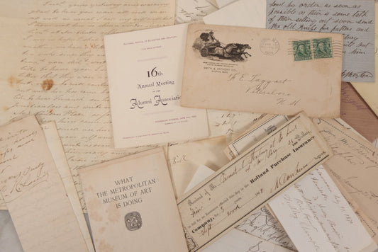 Lot 043 - Discovery Grouping Of 25+ Pieces Of Antique Handwritten Ephemera, Including Letters, Checks & Billheads, With 1846 Letter To Son, Alumni Meeting Program & Nonotuck Silk Co. Billhead