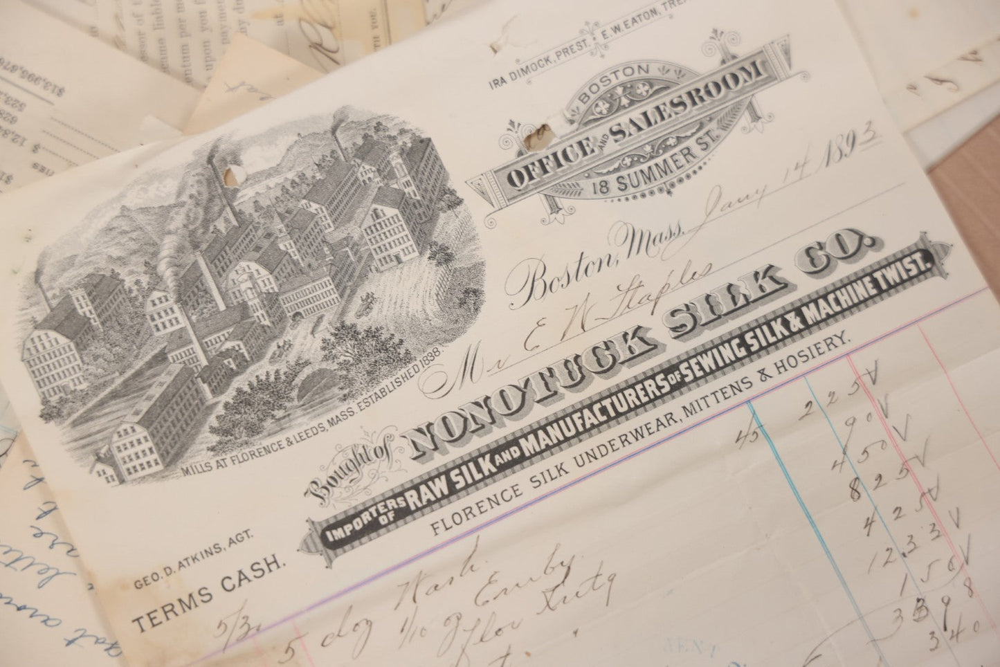 Lot 043 - Discovery Grouping Of 25+ Pieces Of Antique Handwritten Ephemera, Including Letters, Checks & Billheads, With 1846 Letter To Son, Alumni Meeting Program & Nonotuck Silk Co. Billhead
