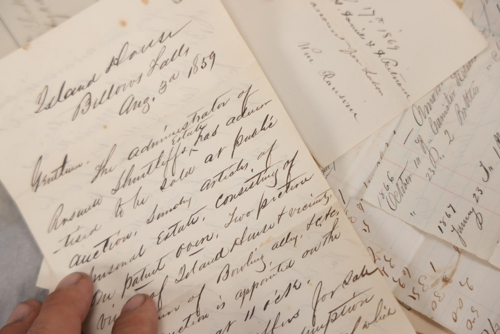 Lot 043 - Discovery Grouping Of 25+ Pieces Of Antique Handwritten Ephemera, Including Letters, Checks & Billheads, With 1846 Letter To Son, Alumni Meeting Program & Nonotuck Silk Co. Billhead