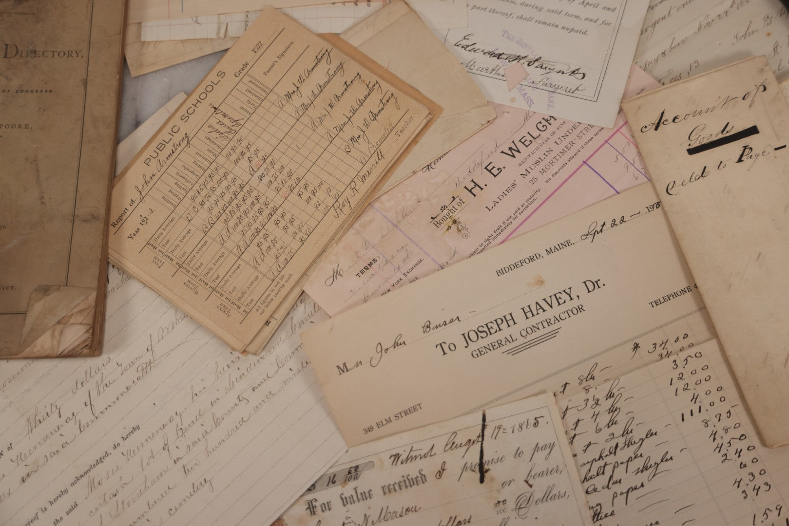 Lot 044 - Discovery Grouping Of 25+ Pieces Of Antique Handwritten & Printed Ephemera, Including Joseph Havey General Contractor Billhead, Quit Claim Document, 1933 Report Cards Of John Armstrong & H.E. Welcher & Co. Billhead For Ladies' Muslin Underwear