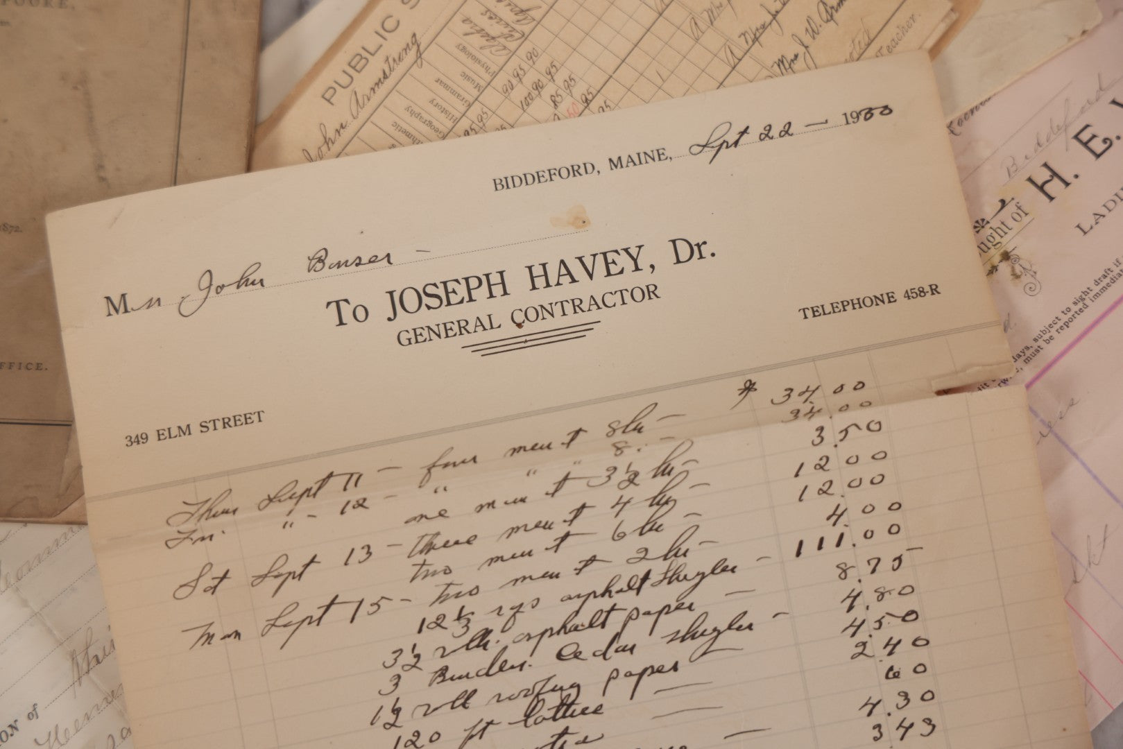 Lot 044 - Discovery Grouping Of 25+ Pieces Of Antique Handwritten & Printed Ephemera, Including Joseph Havey General Contractor Billhead, Quit Claim Document, 1933 Report Cards Of John Armstrong & H.E. Welcher & Co. Billhead For Ladies' Muslin Underwear