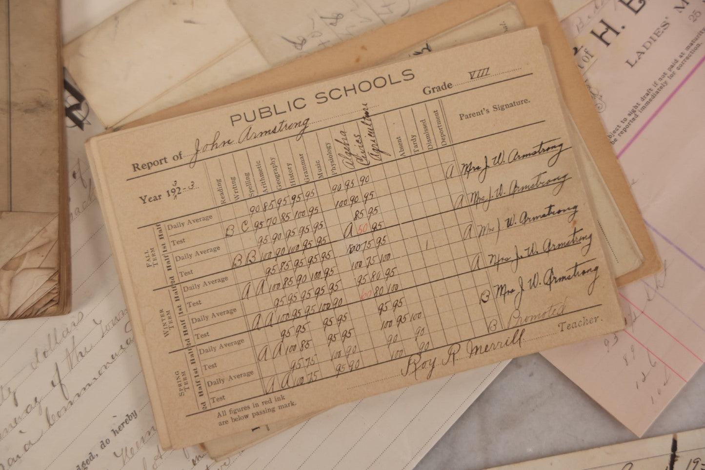 Lot 044 - Discovery Grouping Of 25+ Pieces Of Antique Handwritten & Printed Ephemera, Including Joseph Havey General Contractor Billhead, Quit Claim Document, 1933 Report Cards Of John Armstrong & H.E. Welcher & Co. Billhead For Ladies' Muslin Underwear