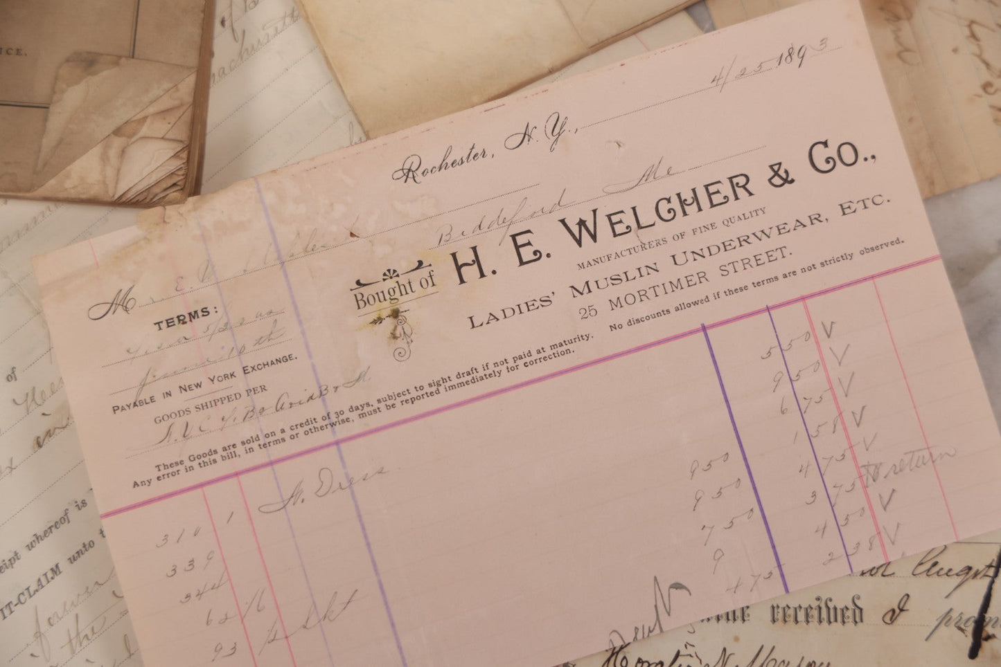 Lot 044 - Discovery Grouping Of 25+ Pieces Of Antique Handwritten & Printed Ephemera, Including Joseph Havey General Contractor Billhead, Quit Claim Document, 1933 Report Cards Of John Armstrong & H.E. Welcher & Co. Billhead For Ladies' Muslin Underwear