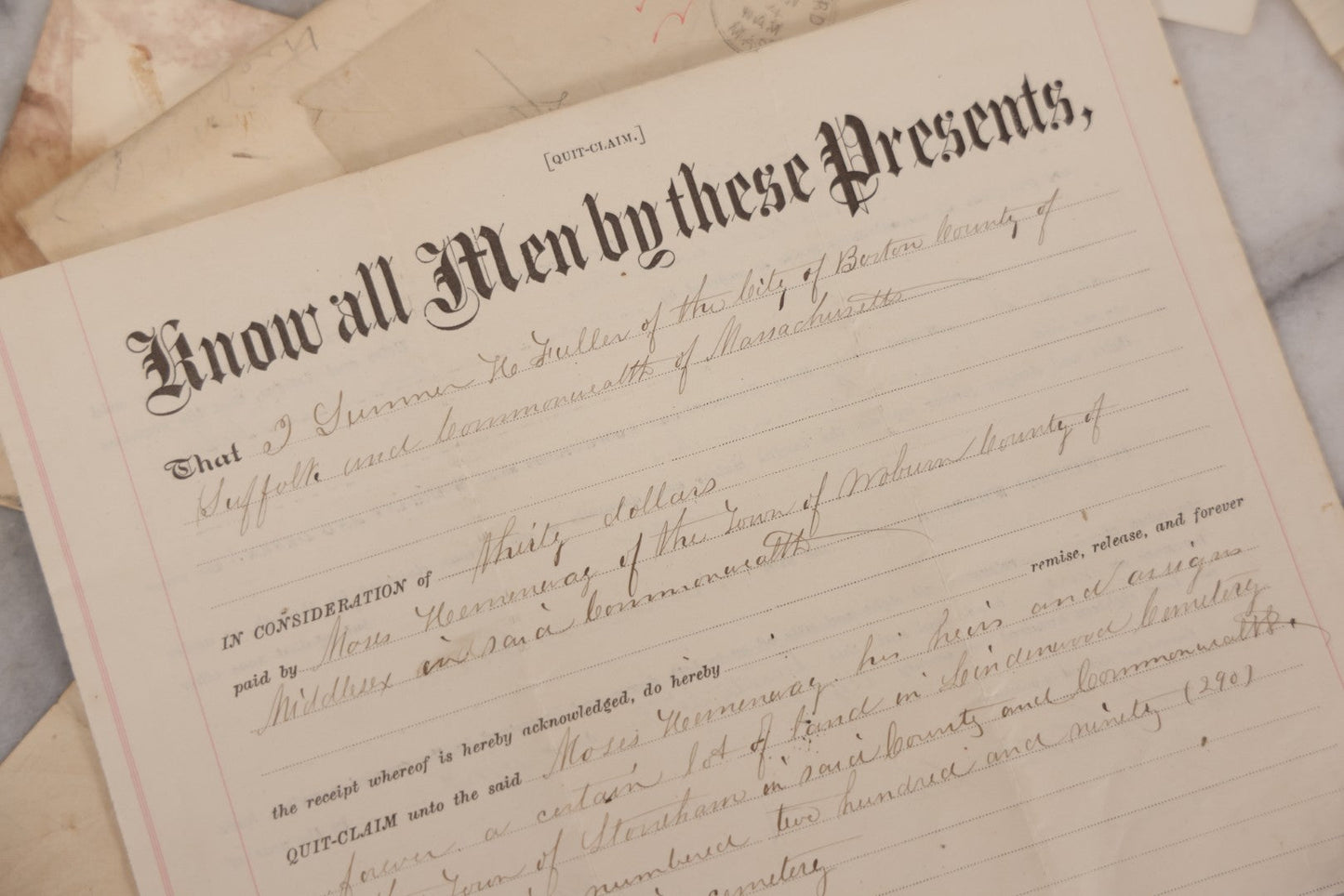 Lot 044 - Discovery Grouping Of 25+ Pieces Of Antique Handwritten & Printed Ephemera, Including Joseph Havey General Contractor Billhead, Quit Claim Document, 1933 Report Cards Of John Armstrong & H.E. Welcher & Co. Billhead For Ladies' Muslin Underwear