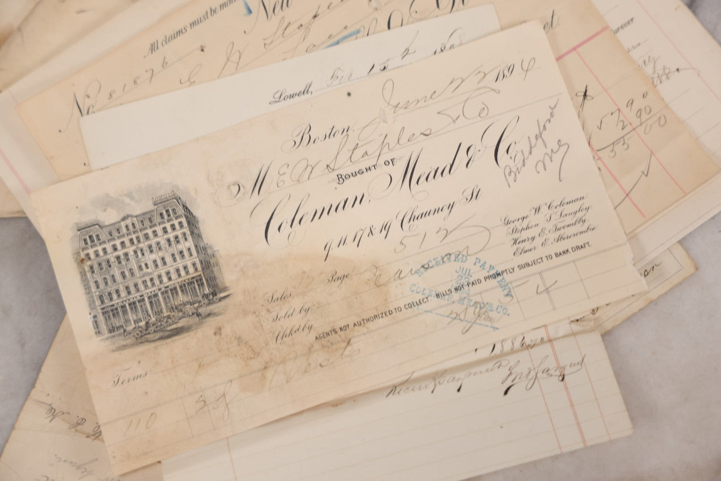 Lot 044 - Discovery Grouping Of 25+ Pieces Of Antique Handwritten & Printed Ephemera, Including Joseph Havey General Contractor Billhead, Quit Claim Document, 1933 Report Cards Of John Armstrong & H.E. Welcher & Co. Billhead For Ladies' Muslin Underwear