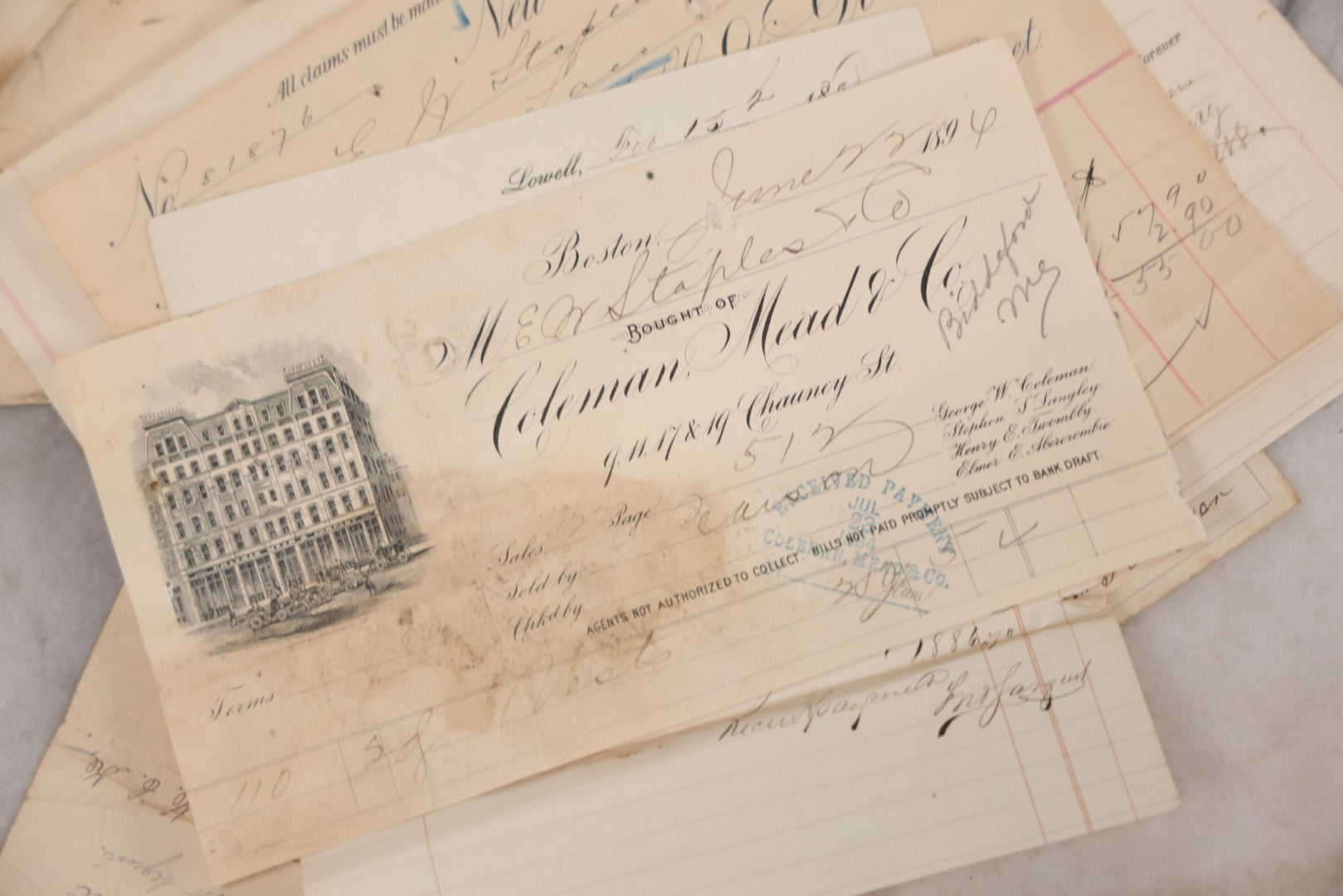 Lot 044 - Discovery Grouping Of 25+ Pieces Of Antique Handwritten & Printed Ephemera, Including Joseph Havey General Contractor Billhead, Quit Claim Document, 1933 Report Cards Of John Armstrong & H.E. Welcher & Co. Billhead For Ladies' Muslin Underwear