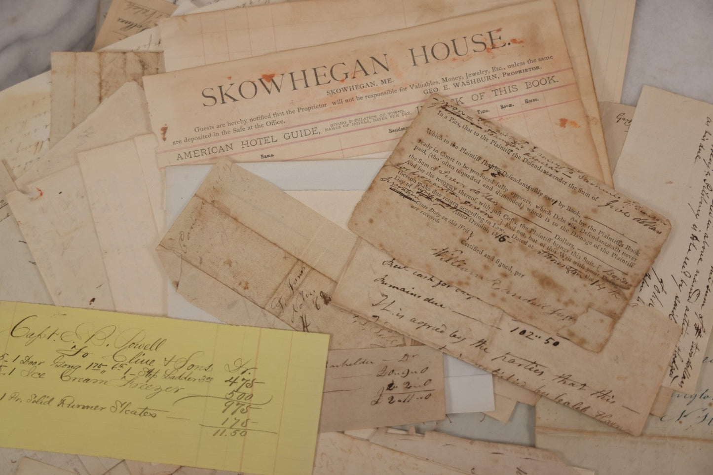 Lot 045 - Discovery Grouping Of 50+ Pieces Of Antique Handwritten & Printed Ephemera, Including Skowhegan House Maine Hotel Ledger Page, Bryan Miner & Reed Wholesale Grocers Billhead, With Checks, Letters & Receipts