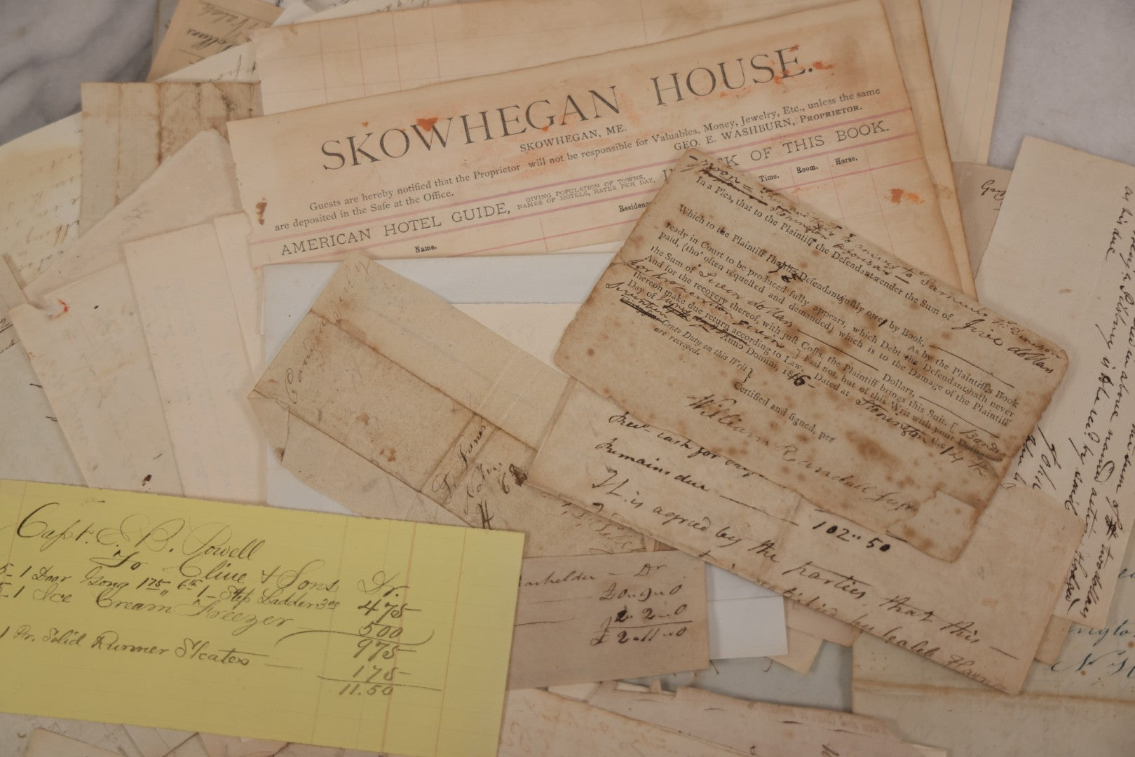 Lot 045 - Discovery Grouping Of 50+ Pieces Of Antique Handwritten & Printed Ephemera, Including Skowhegan House Maine Hotel Ledger Page, Bryan Miner & Reed Wholesale Grocers Billhead, With Checks, Letters & Receipts