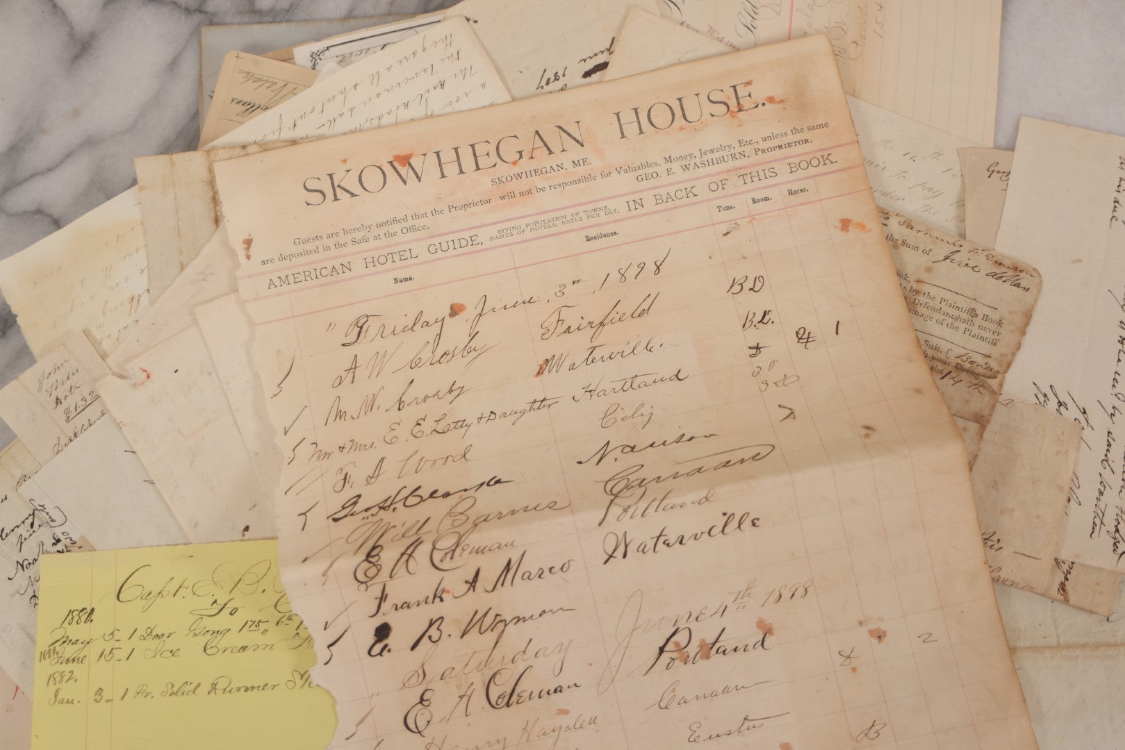 Lot 045 - Discovery Grouping Of 50+ Pieces Of Antique Handwritten & Printed Ephemera, Including Skowhegan House Maine Hotel Ledger Page, Bryan Miner & Reed Wholesale Grocers Billhead, With Checks, Letters & Receipts