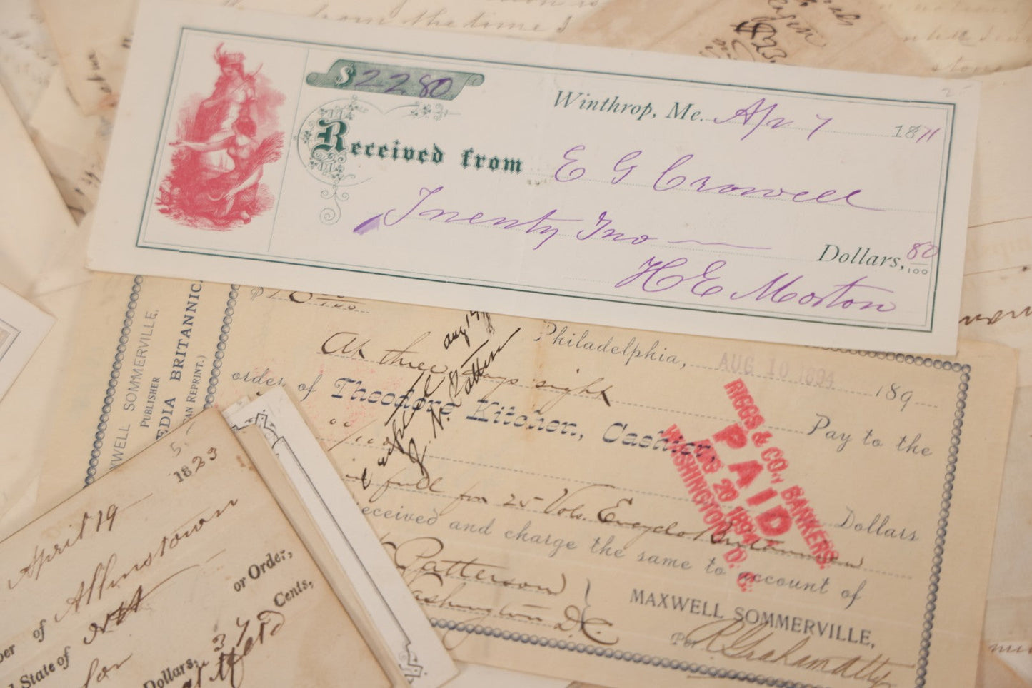 Lot 045 - Discovery Grouping Of 50+ Pieces Of Antique Handwritten & Printed Ephemera, Including Skowhegan House Maine Hotel Ledger Page, Bryan Miner & Reed Wholesale Grocers Billhead, With Checks, Letters & Receipts