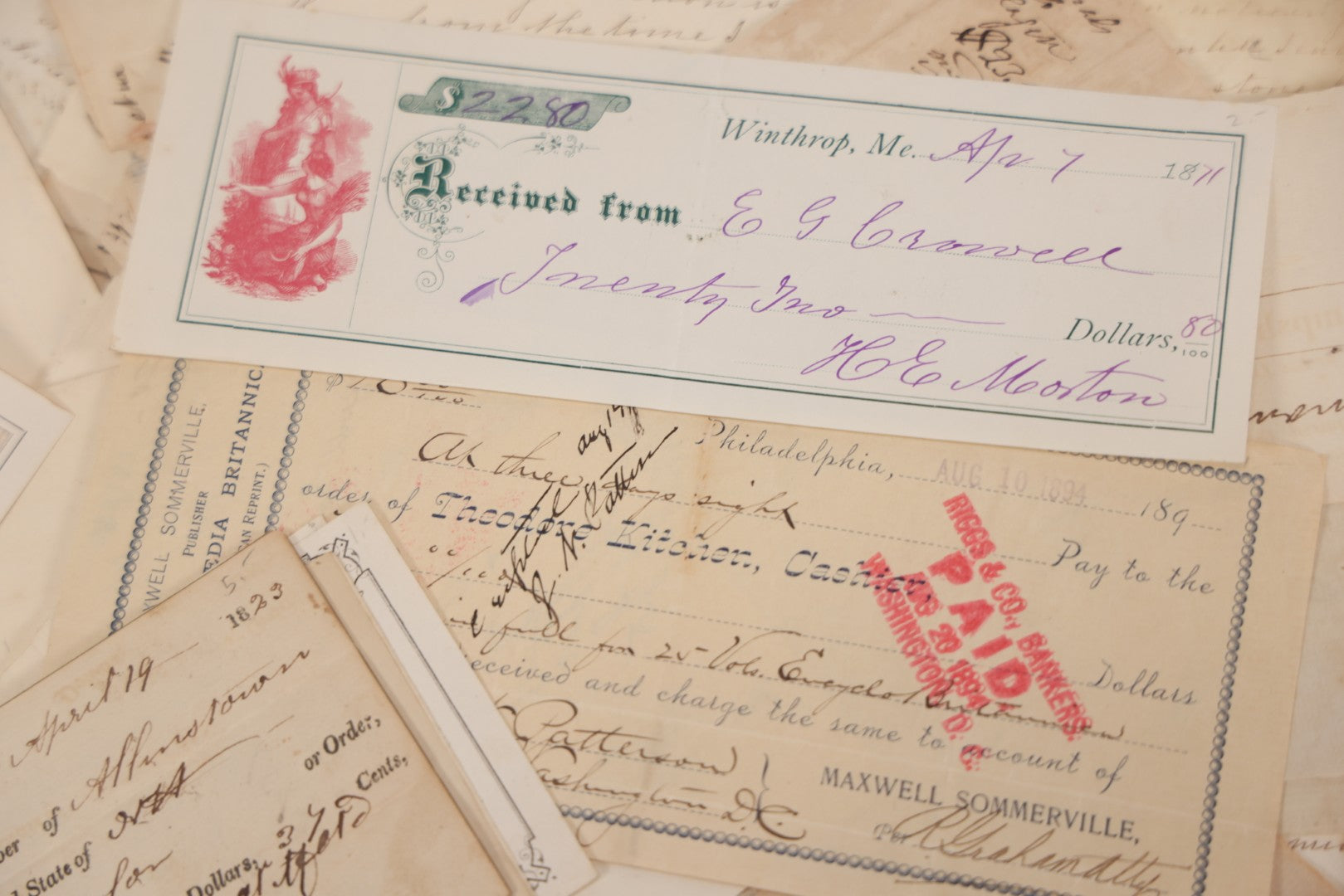 Lot 045 - Discovery Grouping Of 50+ Pieces Of Antique Handwritten & Printed Ephemera, Including Skowhegan House Maine Hotel Ledger Page, Bryan Miner & Reed Wholesale Grocers Billhead, With Checks, Letters & Receipts